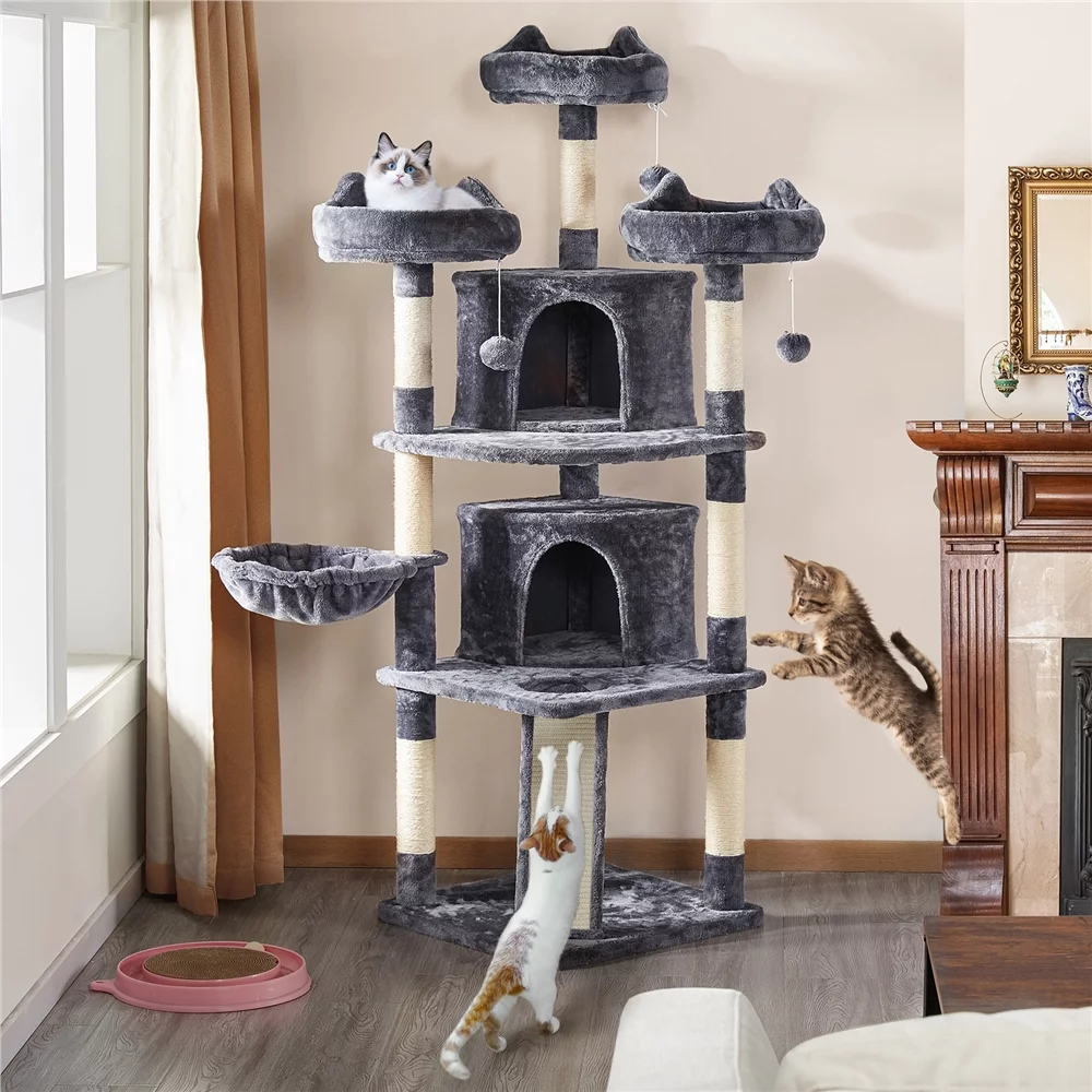 Topeakmart 69'' Large Cat Tree Tower with 2 Condos and Scratching Post, Dark Gray