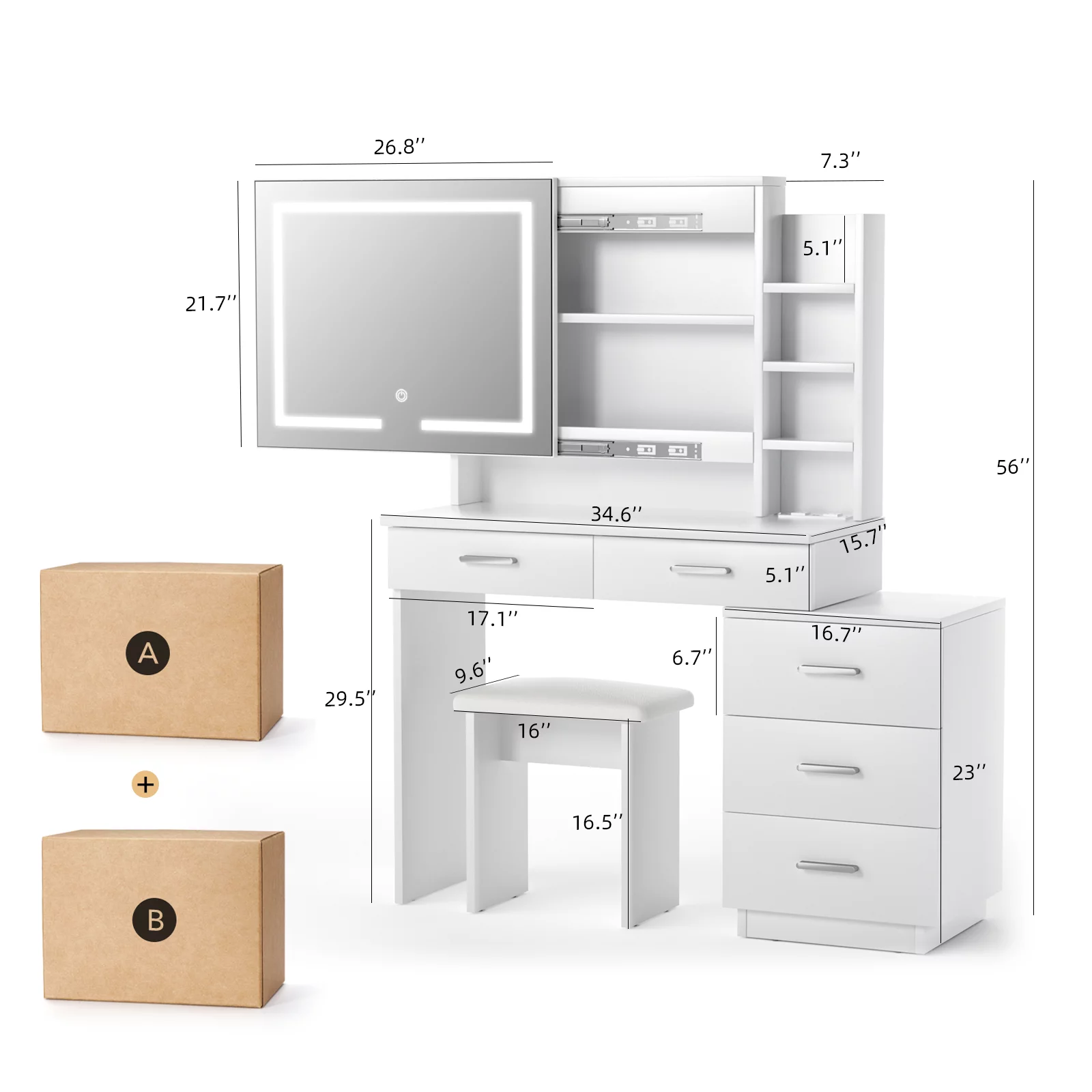 Large Makeup Vanity Desk with Sliding Lighted Mirror Power Outlet Movable 3-Drawer Chest and Shelves White