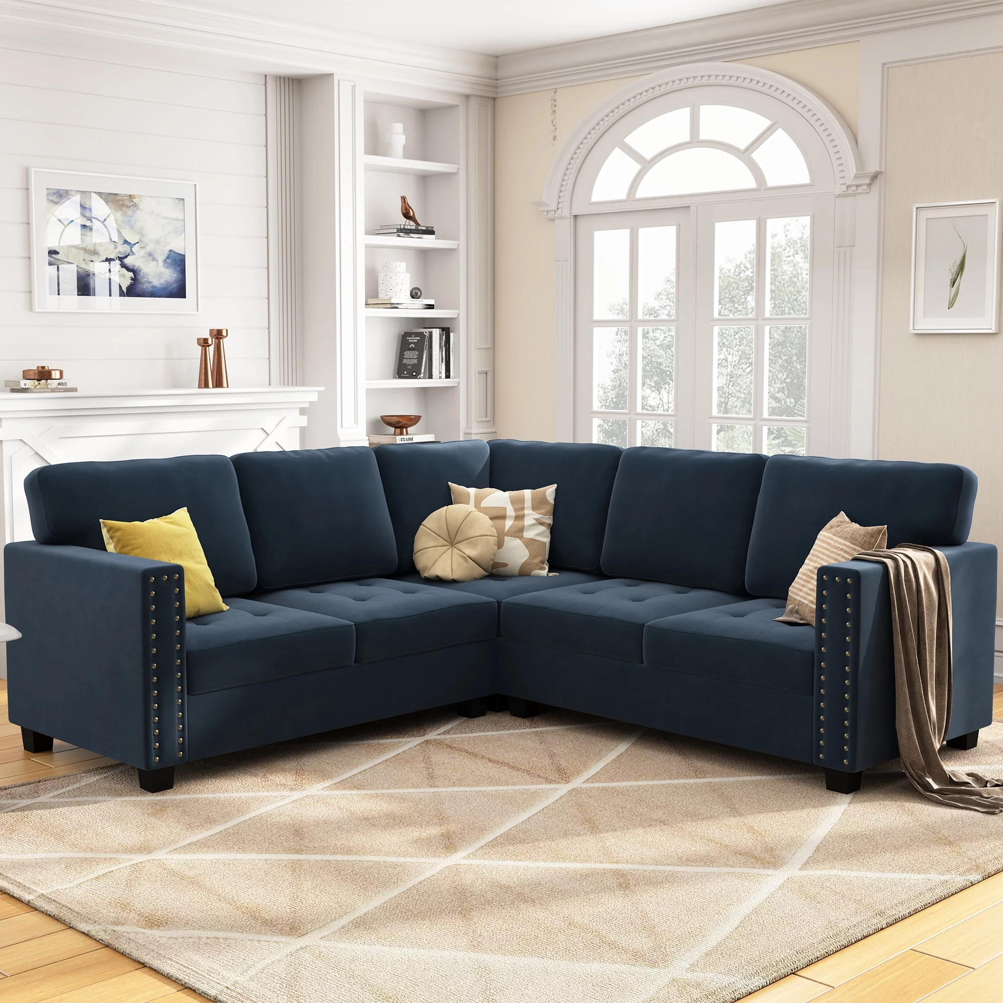 HONBAY Modern Sectional Sofa Sets L-Shaped Corner Couch with Biscuit Tufted Design for Living Room, Dark Navy Blue