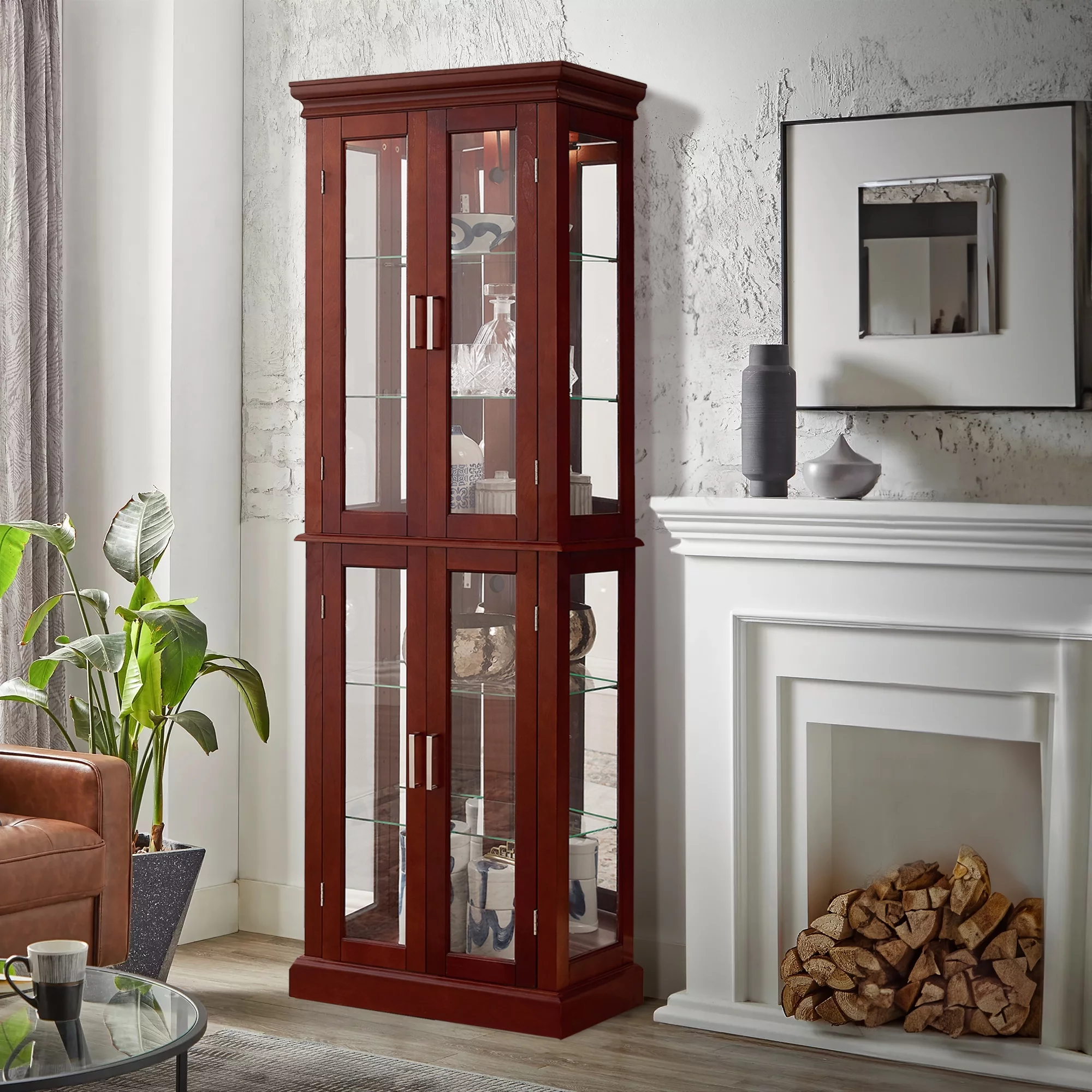 Ufurpie 6-Tier Lighted Curio Diapaly Cabinet with Adjustable Shelves and Tempered Glass Doors,Bar and Liquor Storage Area,Walnut