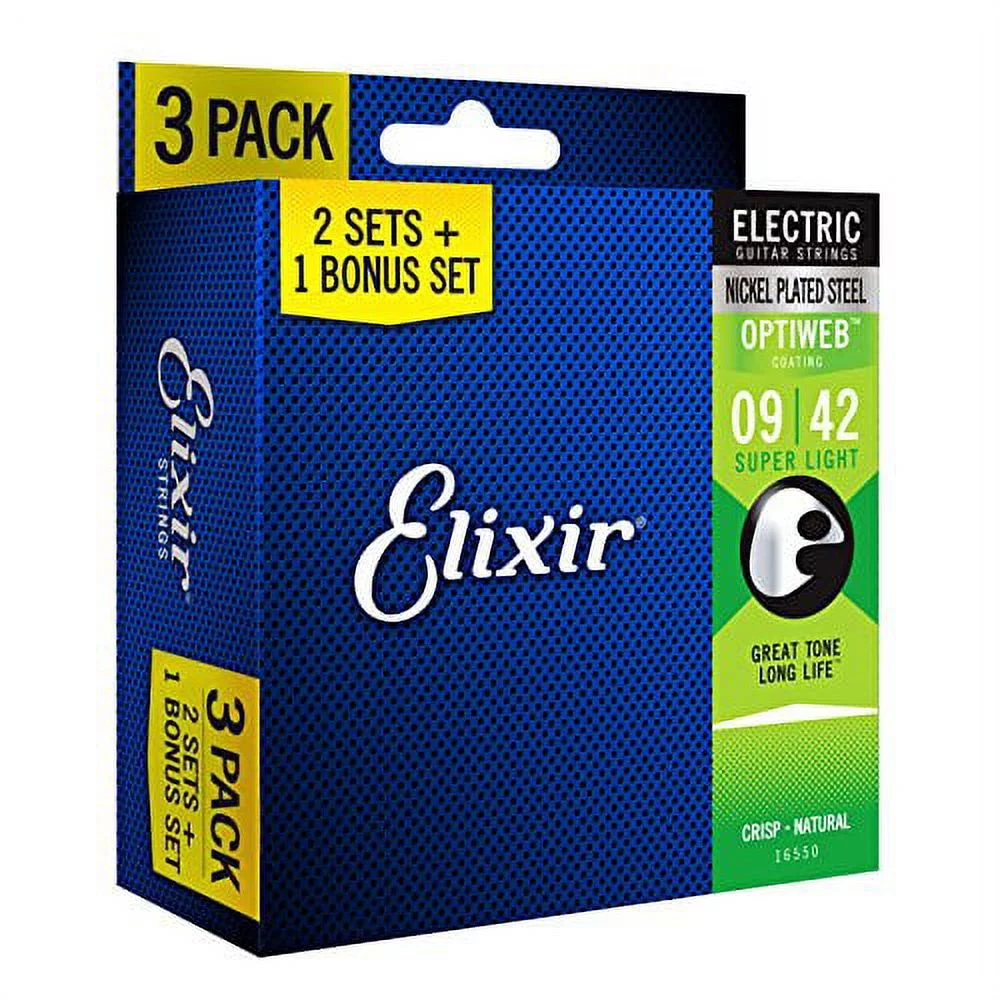 Elixir Strings 16550 Guitar Strings with OPTIWEB Coating, 3 Pack, Super Light (.009-.042)