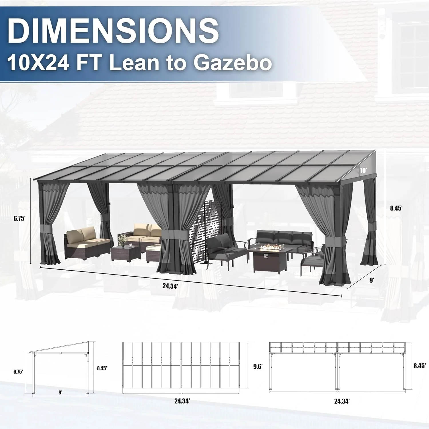 Outdoor Lean to Gazebo 10x24FT, Hardtop Wall Mounted Gazebo with Sloping Sun Panel Roof, Awnings for Patio with Metal Frame, Double Curtains for Garden, Lawn, Backyard Deck, Grey