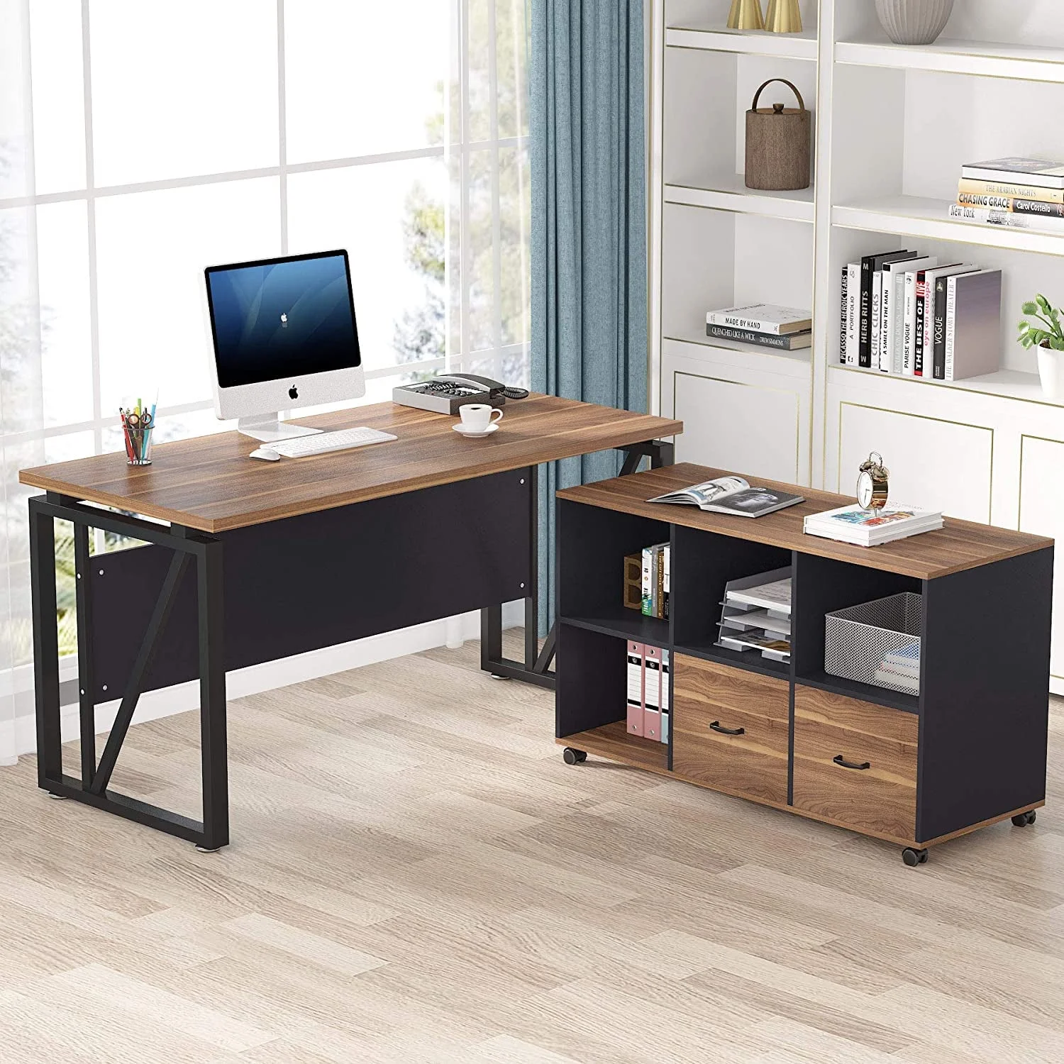Tribesigns L-Shaped Computer Desk, 55 inches Executive Desk with File Cabinet, Gaming Desk Business Furniture with Drawers and Storage Shelves, Rustic Home Office Table