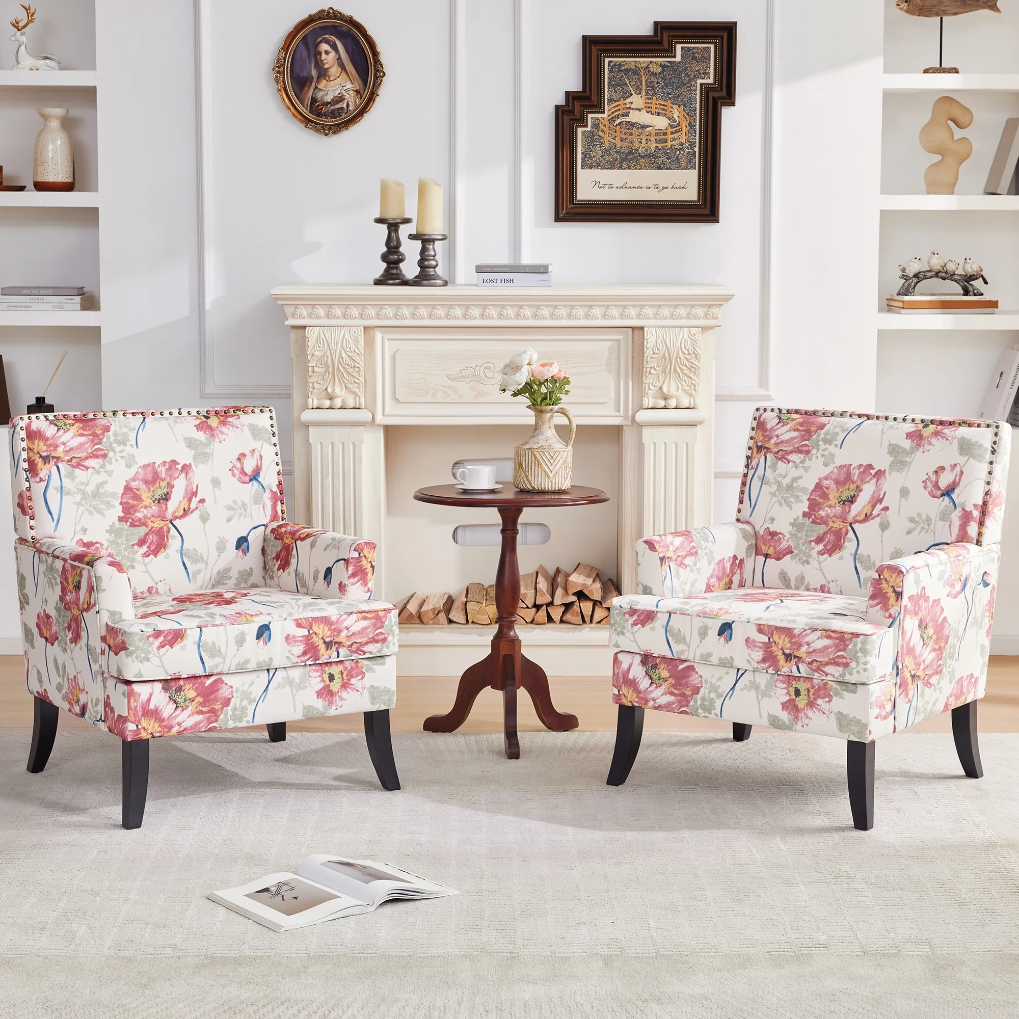 HUIMO Living Room Chair Set of 2, Upholstered Printed Accent Chair with Wooden Legs, Club Armchair with Rivets Holds 300 lbs, Comfy Reading Sofa Chair for Bedroom, Study (Red Floral)