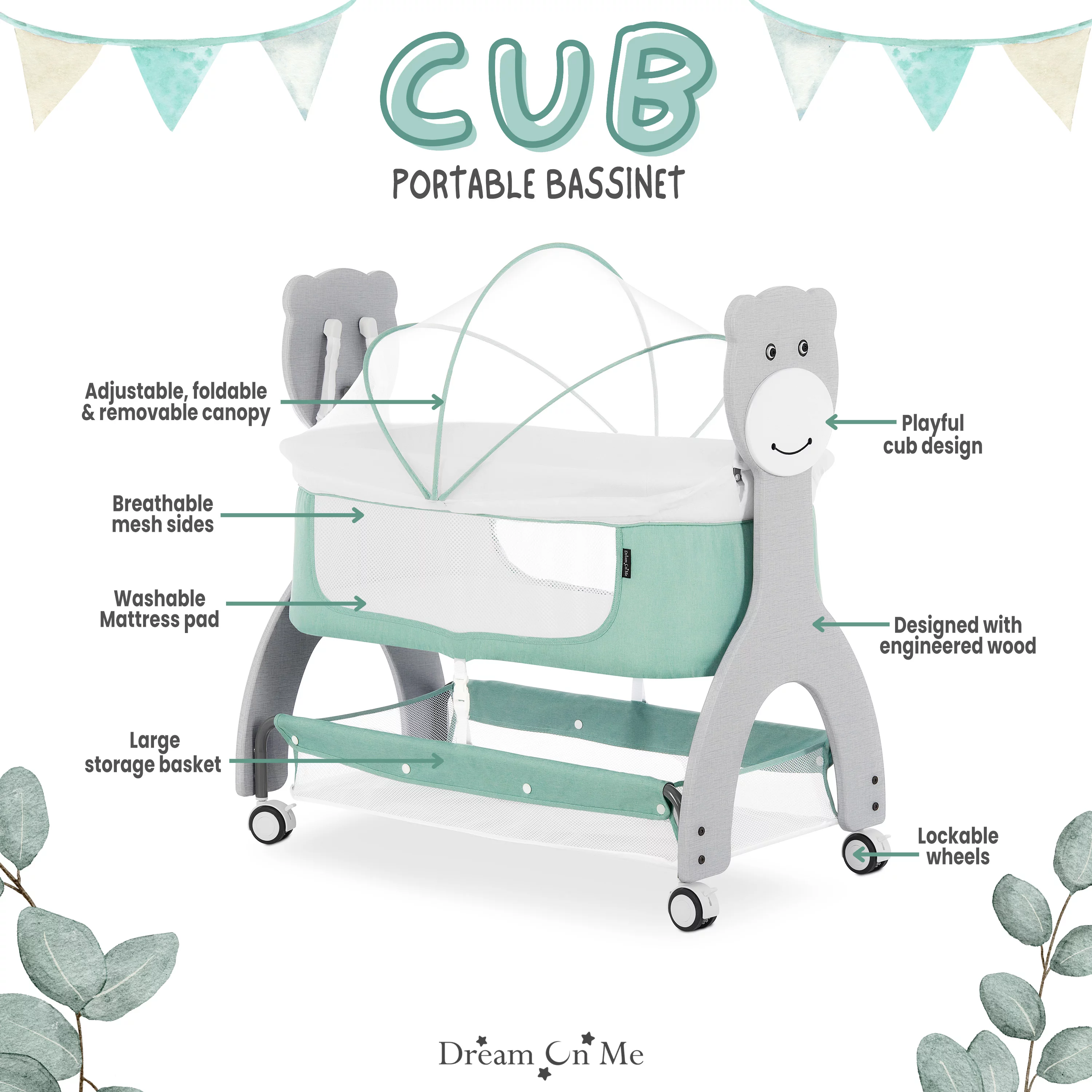 Dream on Me Cub Portable Bassinet in Mint, Multi-Use Baby Bassinet with Locking Wheels