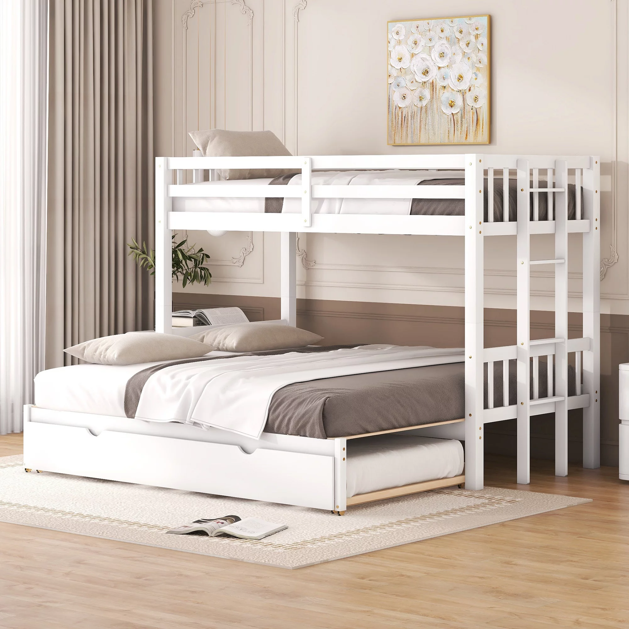 Bellemave Twin Over Twin/King Bunk Beds with Trundle, Solid Wood Extendable Bunk Beds Can for 4 People, Twin Over Full Bunk Bed for Kids Teens Adults (White)
