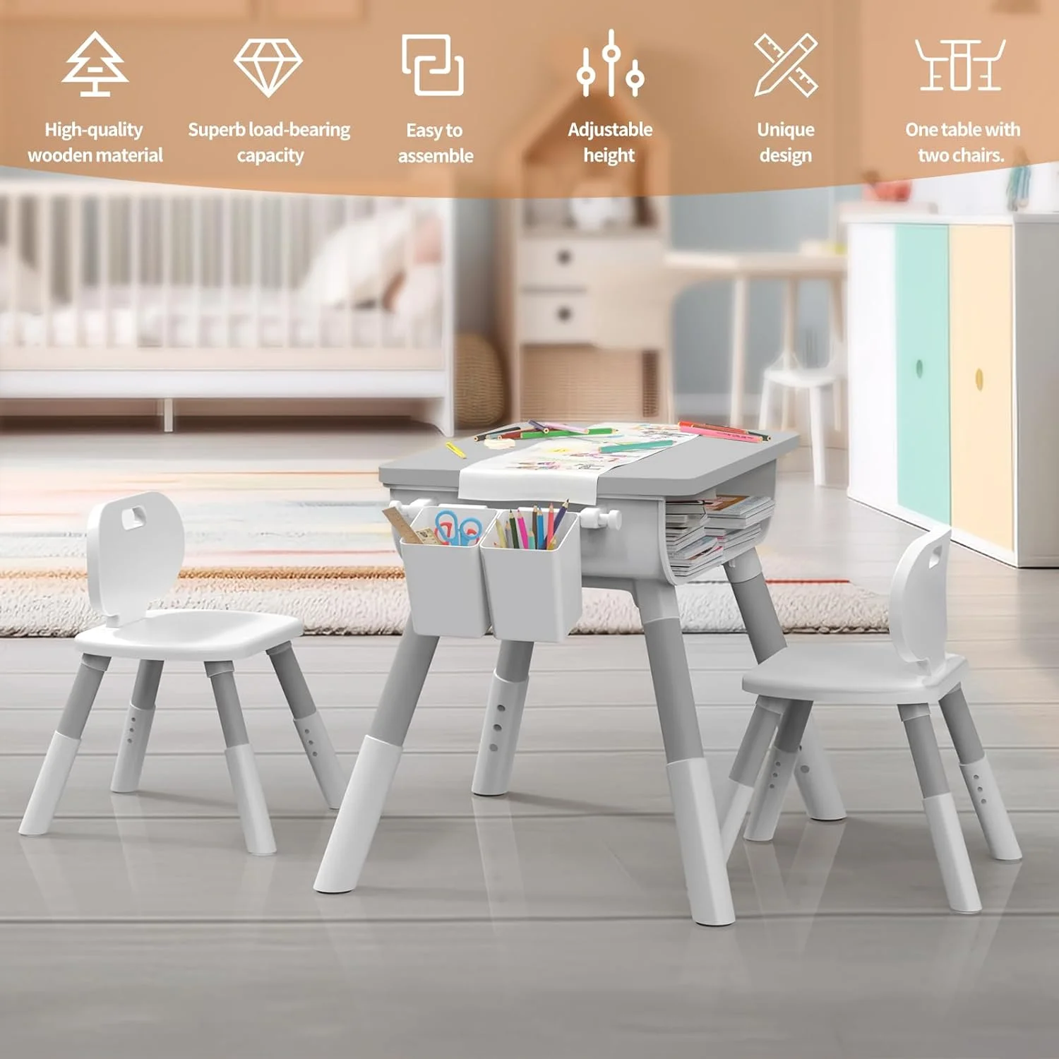 Kids Table and Chair Set, Wooden Table and Chair Set, Kids Study Table and Chairs Set, Adjustable Height, Waterproof and Graffitiable Kid Table and Chair Set for Kids Arts & Crafts,Homework & Play