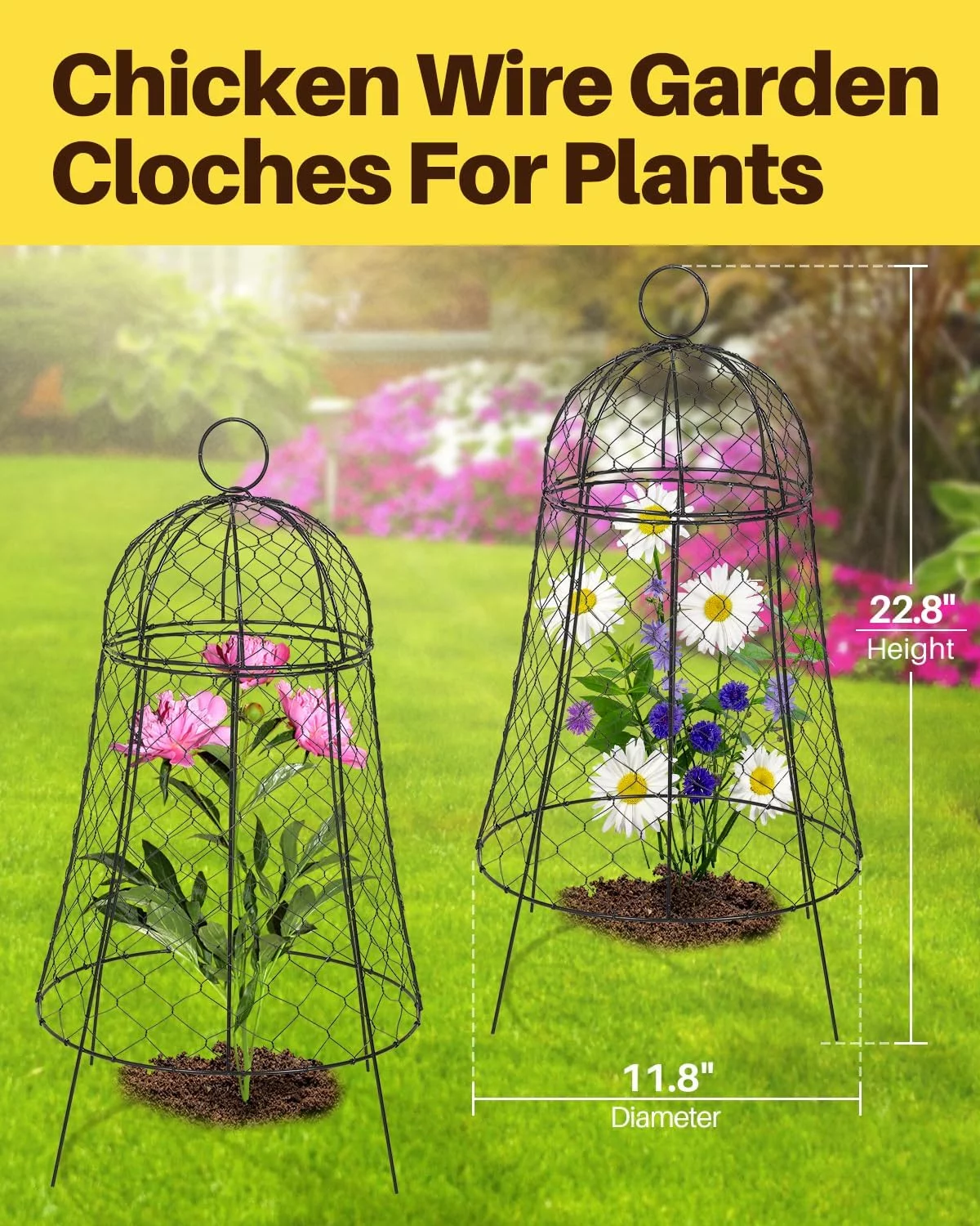 Garden Chicken Wire Cloche 11.8’’Dx22.8 H, Plants/Flowers Protector, Plant Cloche from Animals, Plant Protector and Cover Black Metal 6 Pack, Strong Not Easy to Deform, No Assembly Required