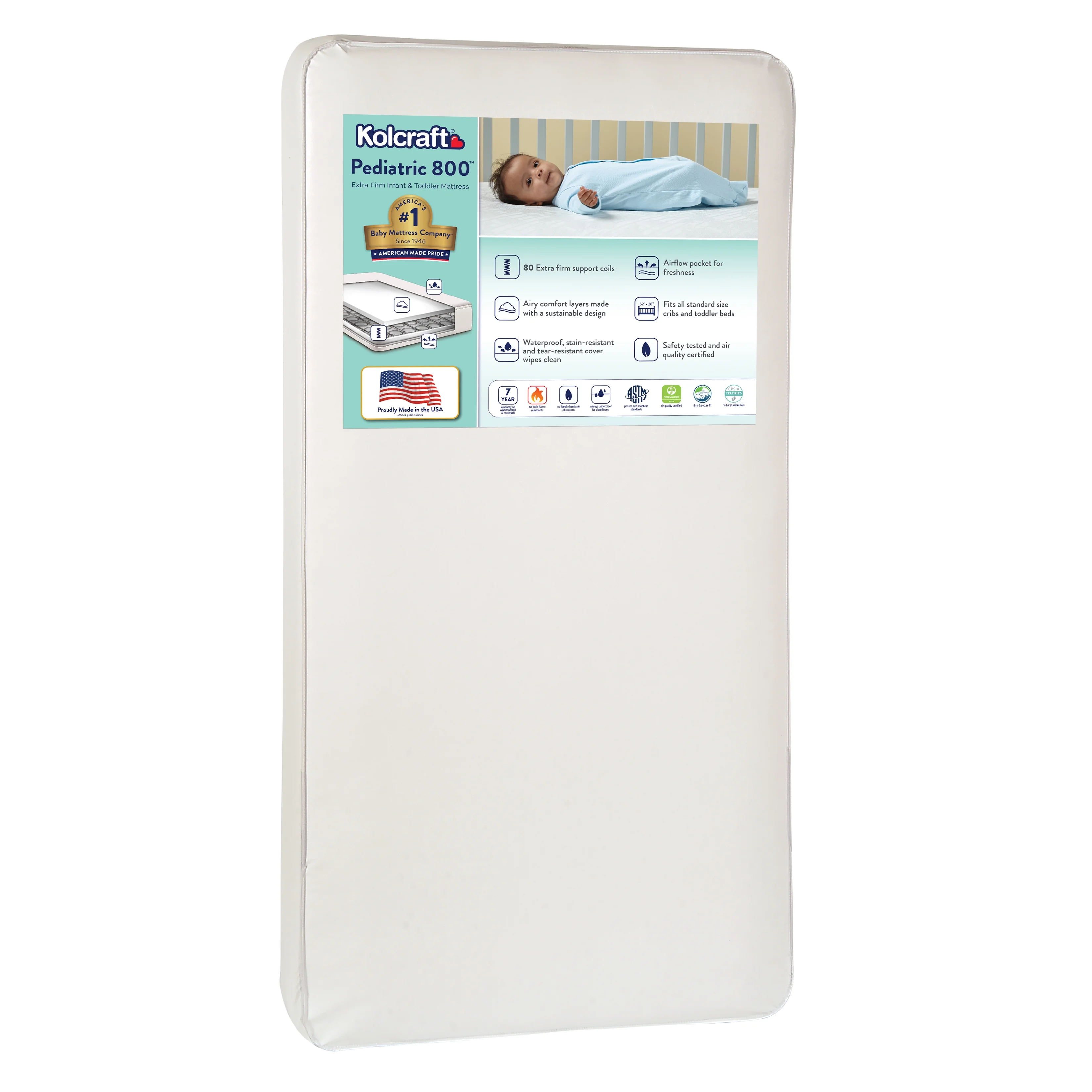 Kolcraft Pediatric 800 Extra Firm Ultra Deluxe, 80 Coil Crib and Toddler Mattress, White