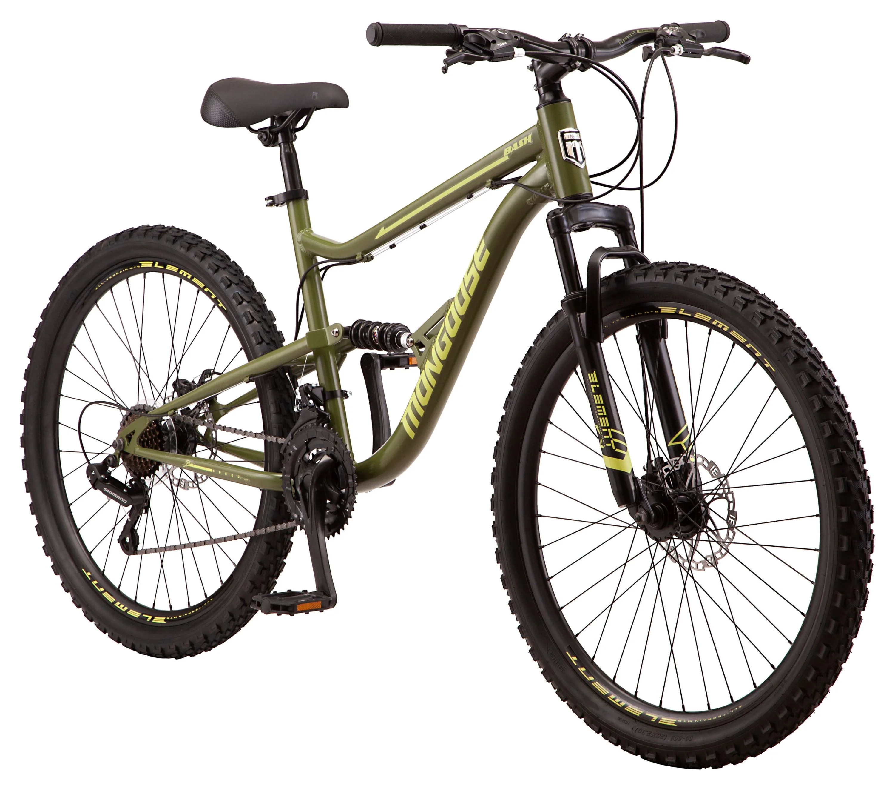 Mongoose Bash Suspension mountain bike, 21 speeds, 26-inch wheels, green