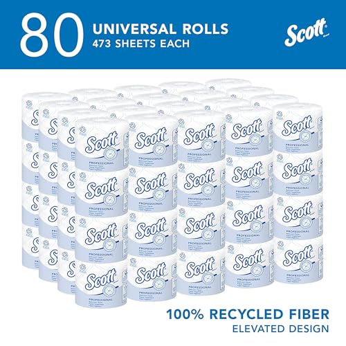 Scott® Professional 100% Recycled Fiber Standard Roll Bulk Toilet Paper (13217), 2-Ply, Elevated Design, White, Individually wrapped rolls (473 Sheets/Roll, 80 Rolls/Case, 37,840 Sheets/Case)
