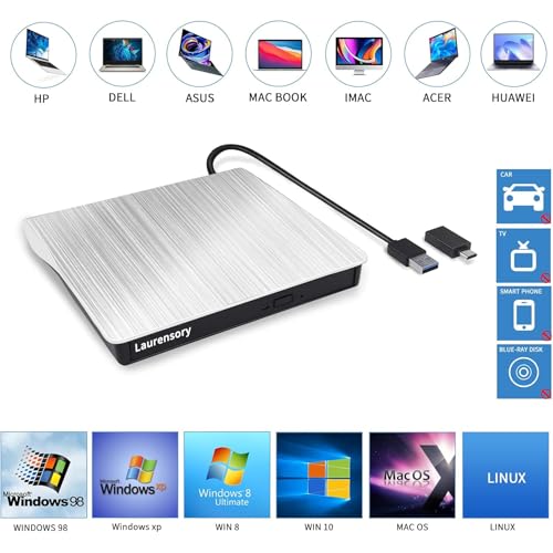 External DVD Drive USB 3.0 Type-C USB Portable Player for Laptop CD DVD +/-RW Disk Drive CD ROM Burner Writer CD/DVD Burner Reader Compatible with Desktop Windows Linux OS Apple MacBook