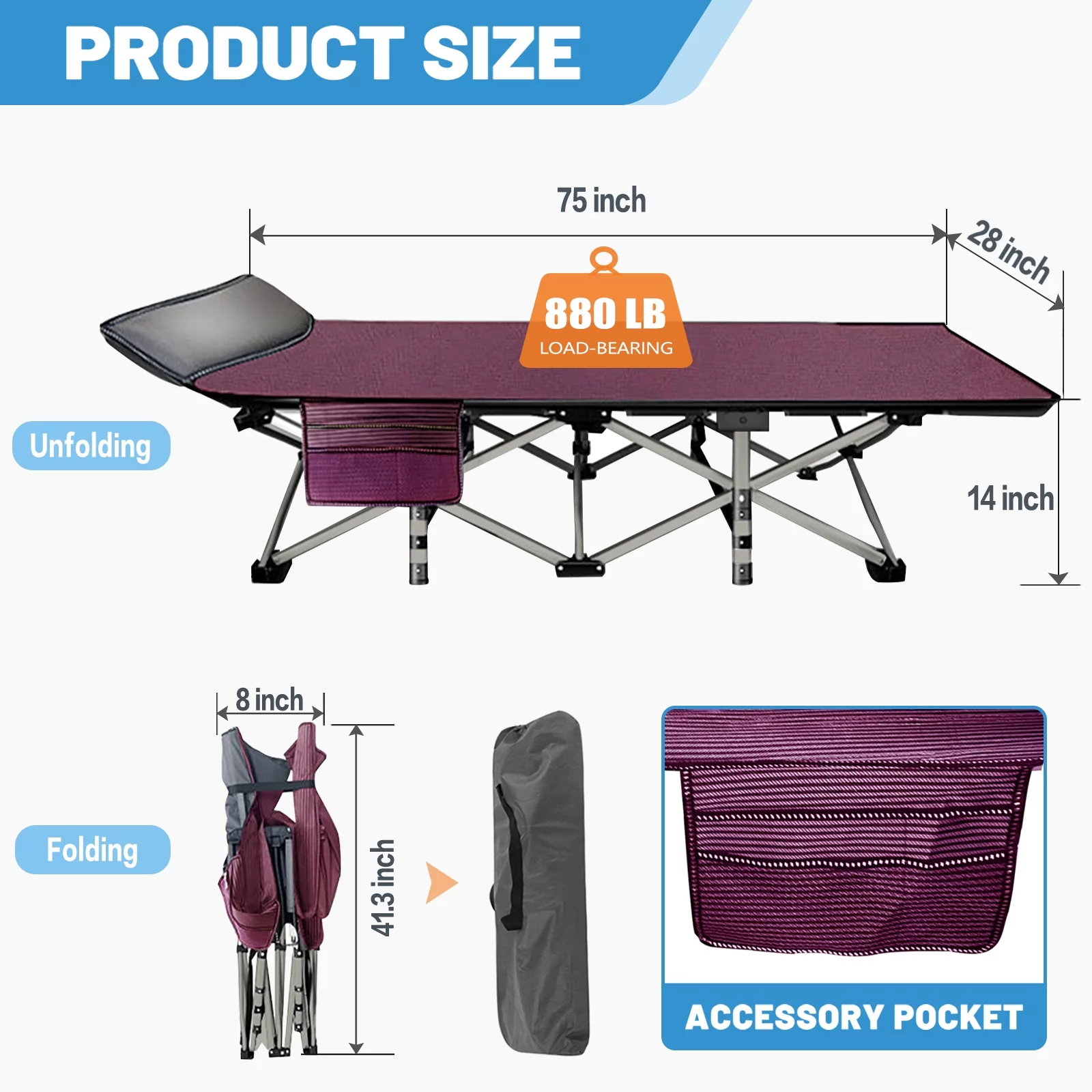 MOPHOTO Camping Cot, Portable Folding Cots for Adults, Heavy Duty Outdoor Sleeping Bed with Pearl Mattress&Carry Bag for Camping/Hiking/Home, 75