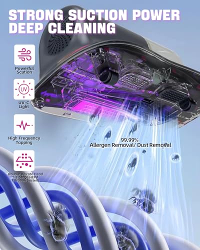 Mattress Vacuum Cleaner, Cordless Bed Vacuum Cleaner with UV Light Sanitizing, Ultrasonic & Heating Tech with 2 PCS HEPA Filters, 2 Speeds Handheld Vacuums for Mattress Sofa, Pet Hair, Carpets