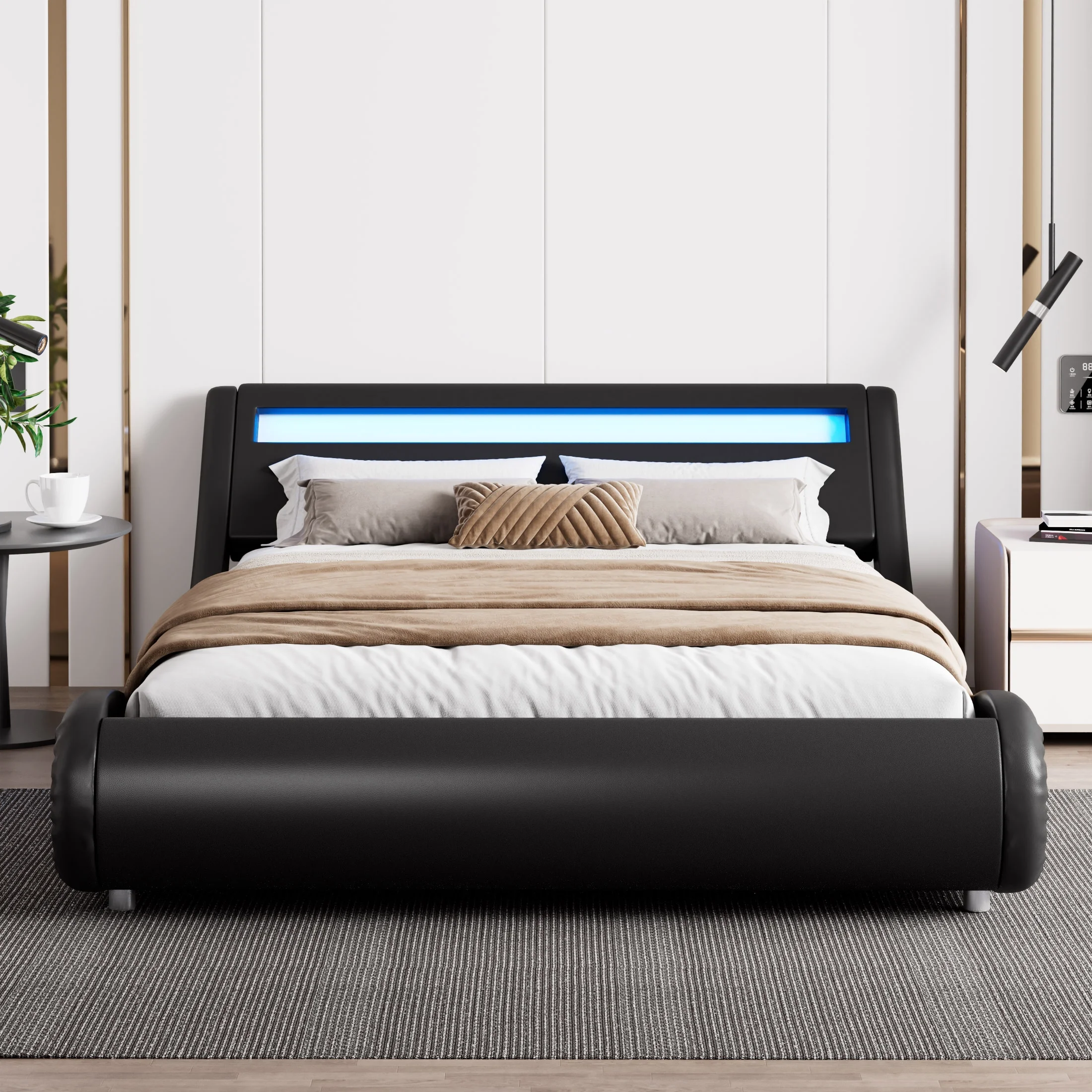 Amolife Queen Size Wave-Like Curve Deluxe Upholstered Modern Bed Frame with LED Headboard, Black