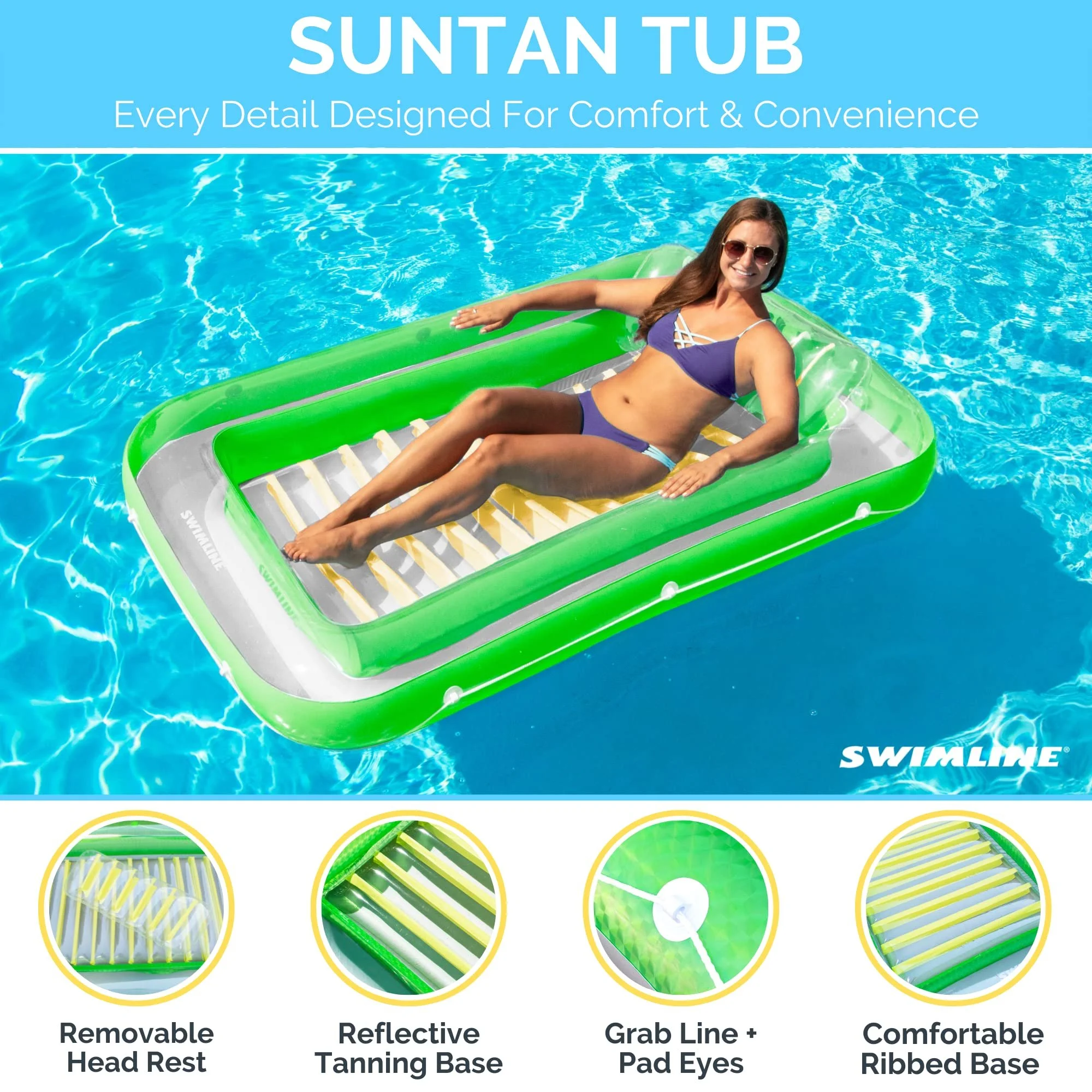 SWIMLINE Original Suntan Tub Classic Edition Inflatable Floating Lounger Green and Yellow  Tanning Pool Hybrid Lounge