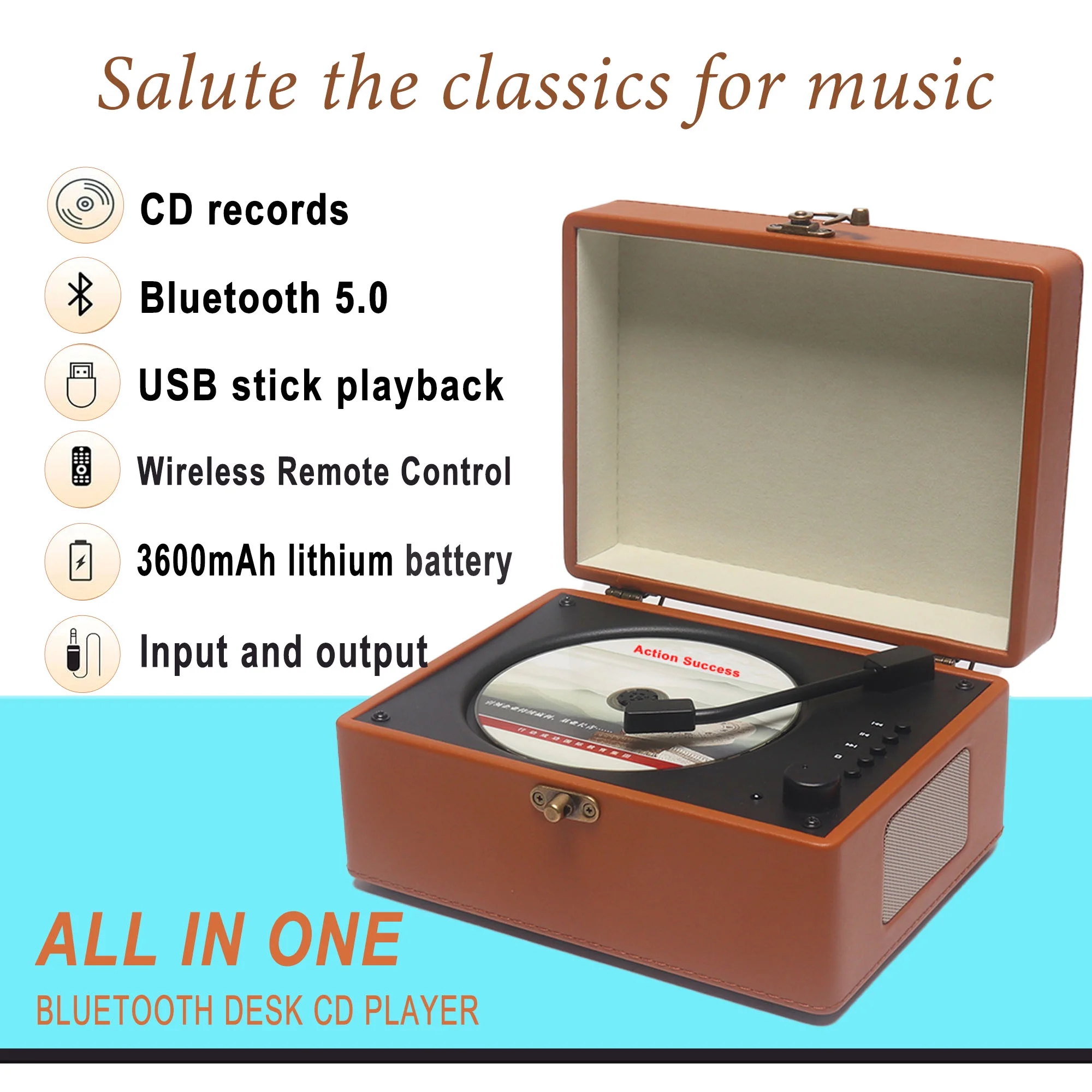 2024 NEW Wireless Bluetooth CD Player with Built-in Speaker and USB Playback Retro Design, Rechargeable Battery - Perfect for Music Lover(Brown)