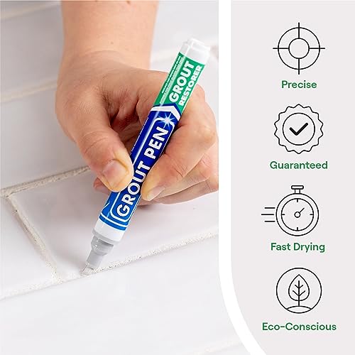Grout Pen White Tile Grout Paint Marker: Waterproof Tile Grout Colorant and Sealer Pens for Cleaner Looking Floors & Whitener Without Bleach - Narrow 5mm, 2 Pack with Extra Tips (7mL) - White