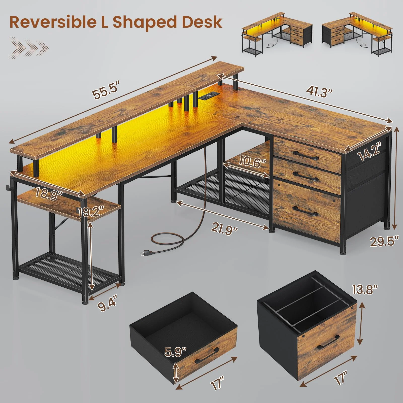 L Shaped Computer Desk with LED Lights and Power Outlet, 55.5” Reversible Home Office Desk with Fabric Drawers, Rustic Brown