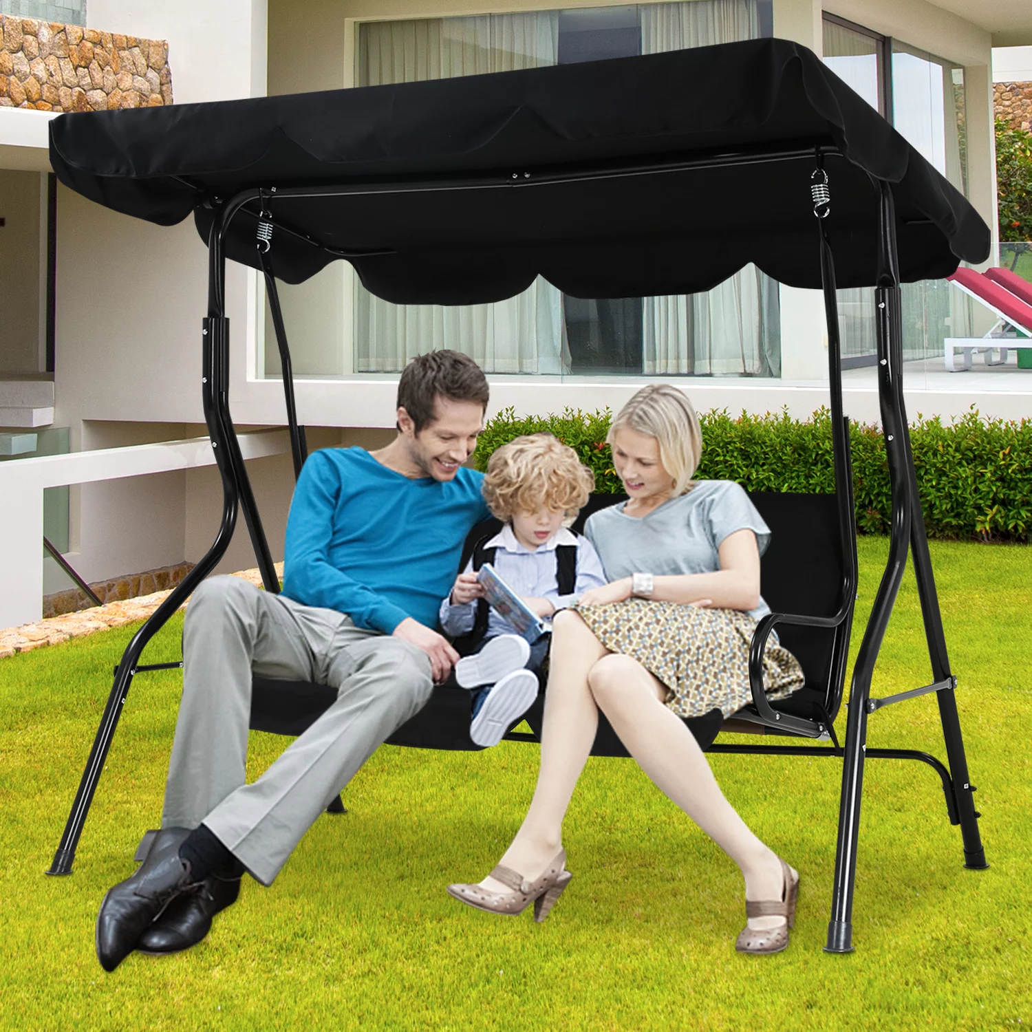 YRLLENSDAN Outdoor Swing Patio Swing with Canopy Backyard Outdoor Swing Chair with Removable Cushions Adjustable Tilt Canopy Comfortable Armrests Stable Frame for Patio Outdoor Garden Backyard (Black)