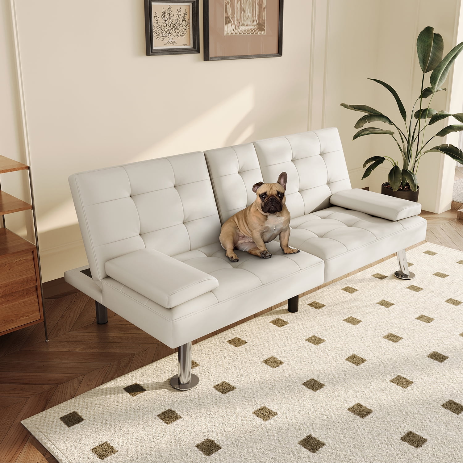 Linsy Home Convertible Upholstered Faux Leather Futon Couch, White