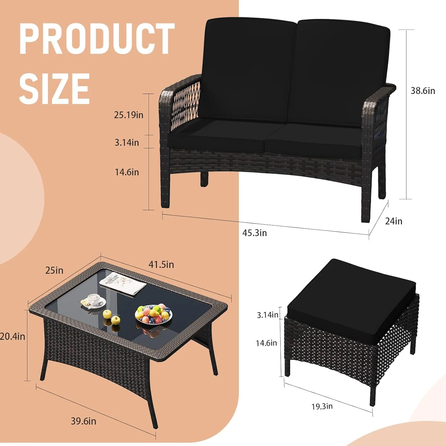 LEVELEVE Patio Furniture Set Outdoor Rattan Chair Wicker Sofa Garden Conversation Bistro Sets w/Loveseat for Yard,Pool or Backyard (Black, 4PC-Loveseat+2 Ottoman)