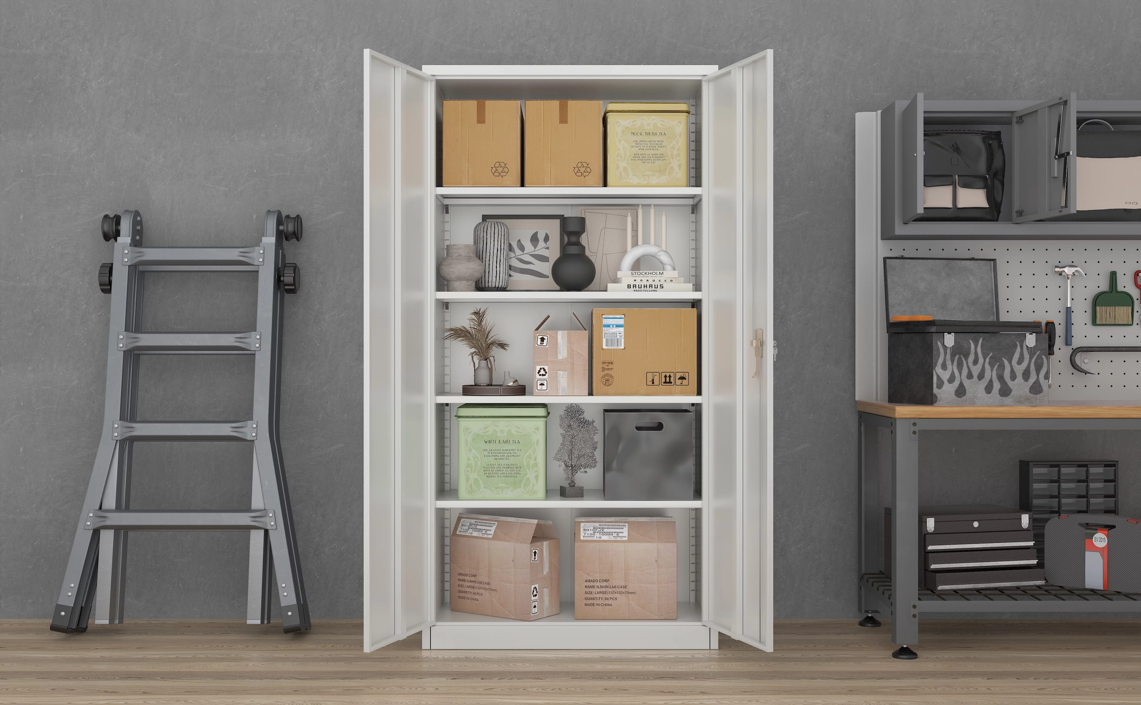 JAORD  Metal Storage Cabinets with 4 Adjustable Shelves & 2 Locking Doors for Office, Home, Garage, Kitchen (Gray)