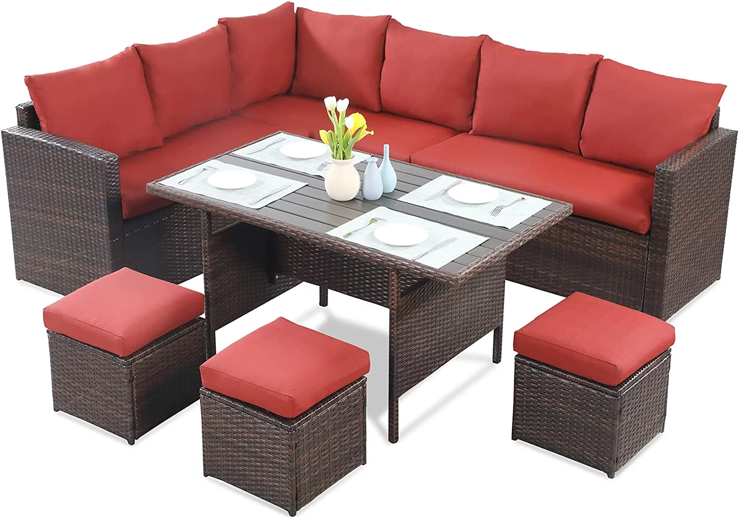 CozyHom 7 Pcs Outdoor Patio Wicker Dining Furniture Sofa Sets, Rattan Conversation Sectional Couch Set with Table and Ottomans, Red