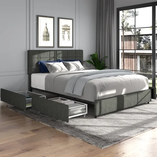 Queen Size Platform Bed Frame with Linen Upholstered Adjustable Headboard and 4 Drawers Storage, Wooden Slat Mattress Support, No Box Spring Required