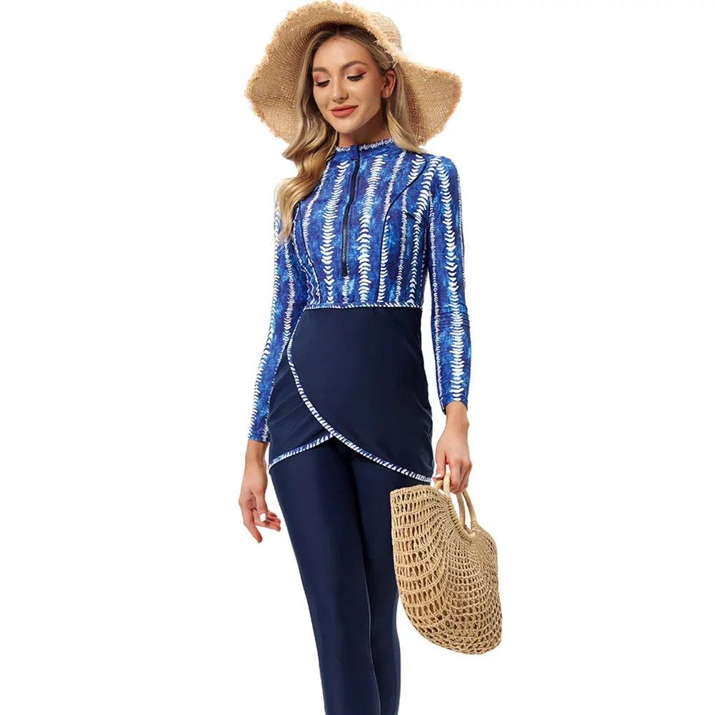 OBEEII Muslim Swimsuits For Women 3 Pieces Long Sleeve Modest Swimwear Lslamic Arabic Swimming Costume Hijab Burkini M Denim Blue