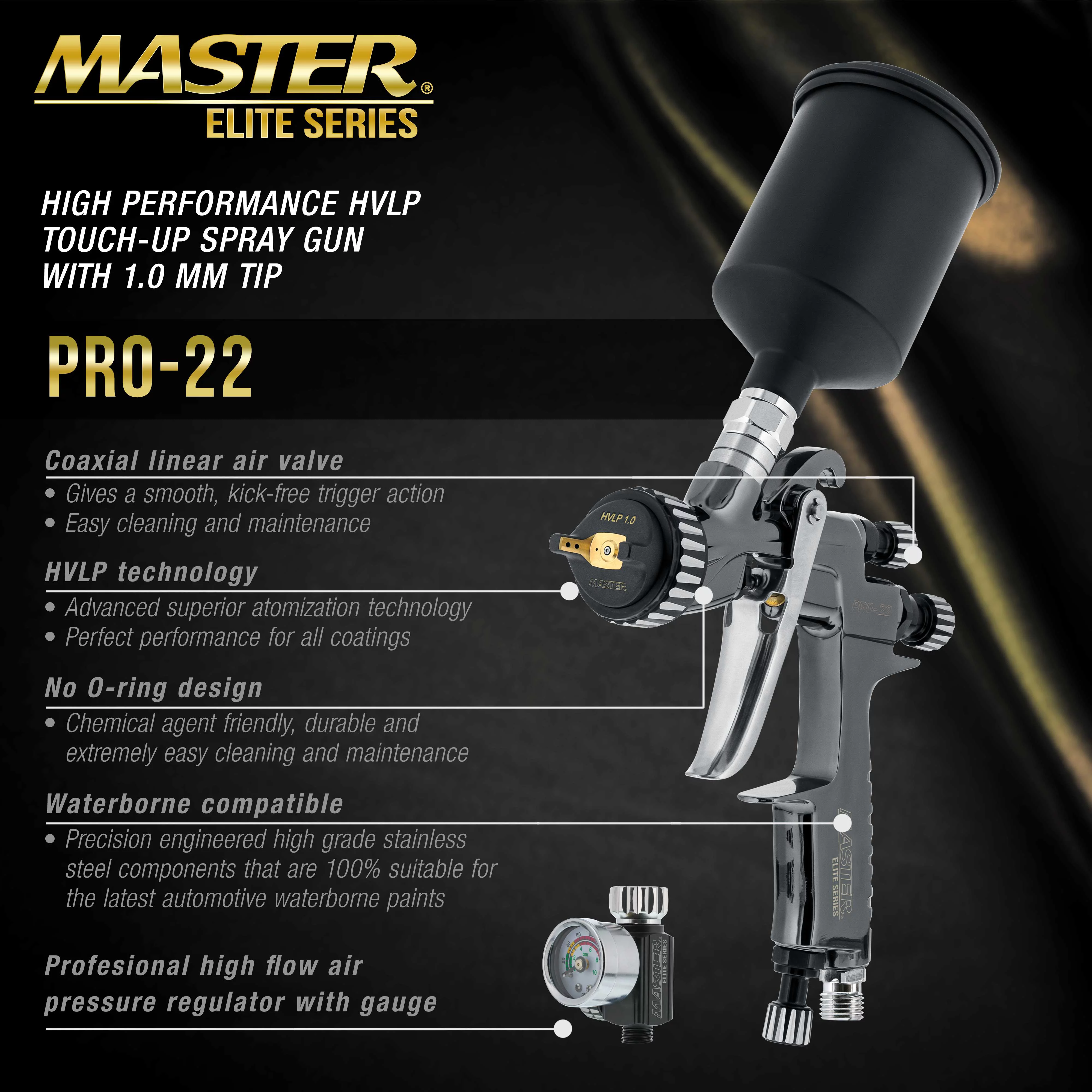 Master Elite High-Performance PRO-22 Series HVLP Touch Up Spray Gun with 1.0mm Tip and Air Pressure Regulator Gauge - Detail Paint Sprayer, Spot and Panel Repairs, Door Jambs - Basecoats, Clearcoats