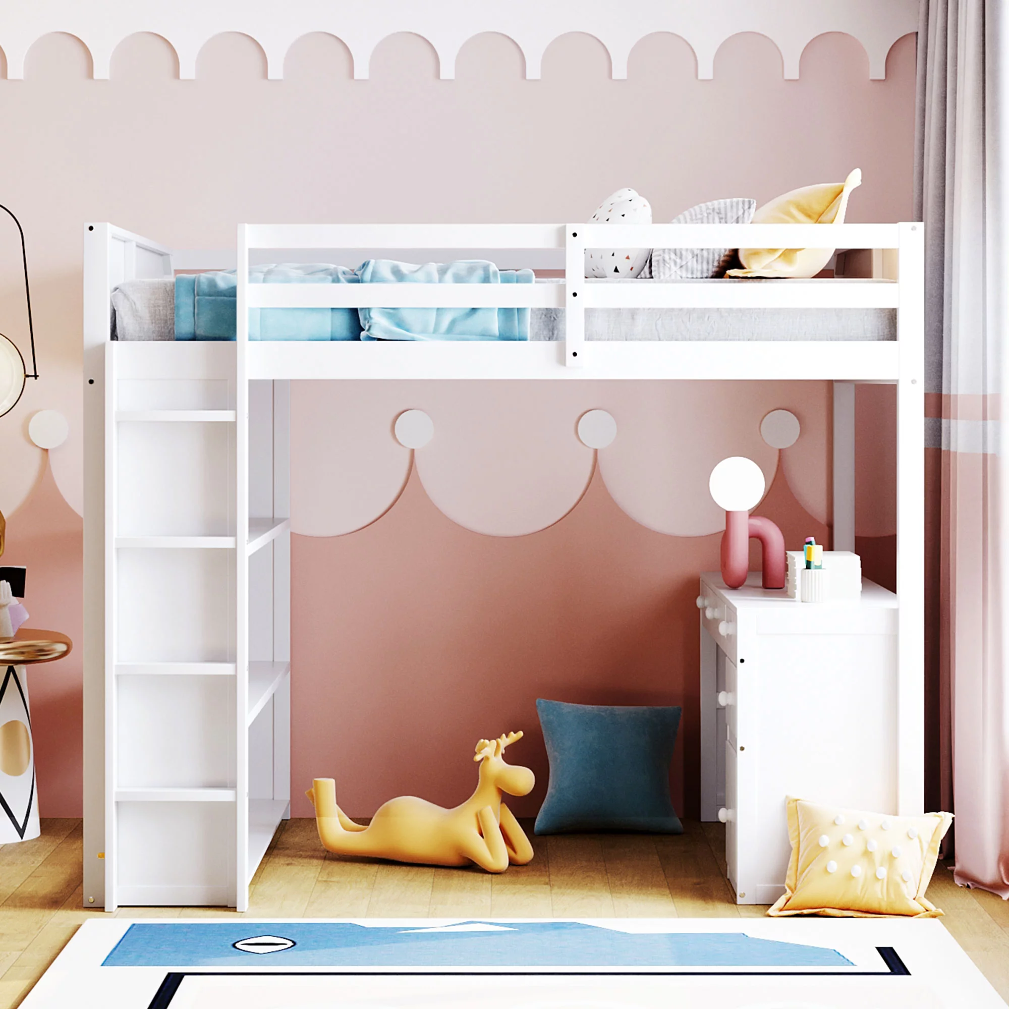 Bellemave Full Size Loft Bed with Desk and Shelves, Wood High Loft Bed Frame with Storage and Ladder, for Kids Teens Adults, White