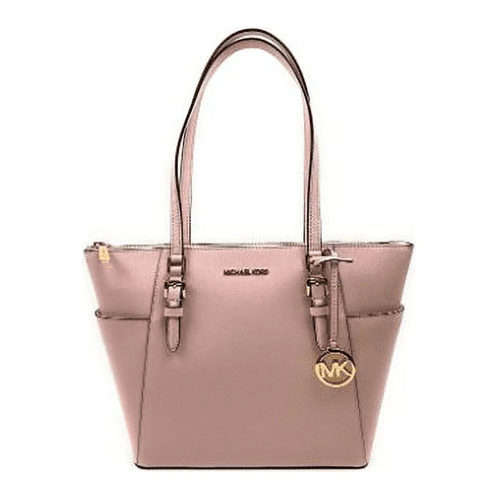 Michael Kors Charlotte Signature Leather Large Top Zip Tote Handbag Bag (Powder Blush Solid), Female