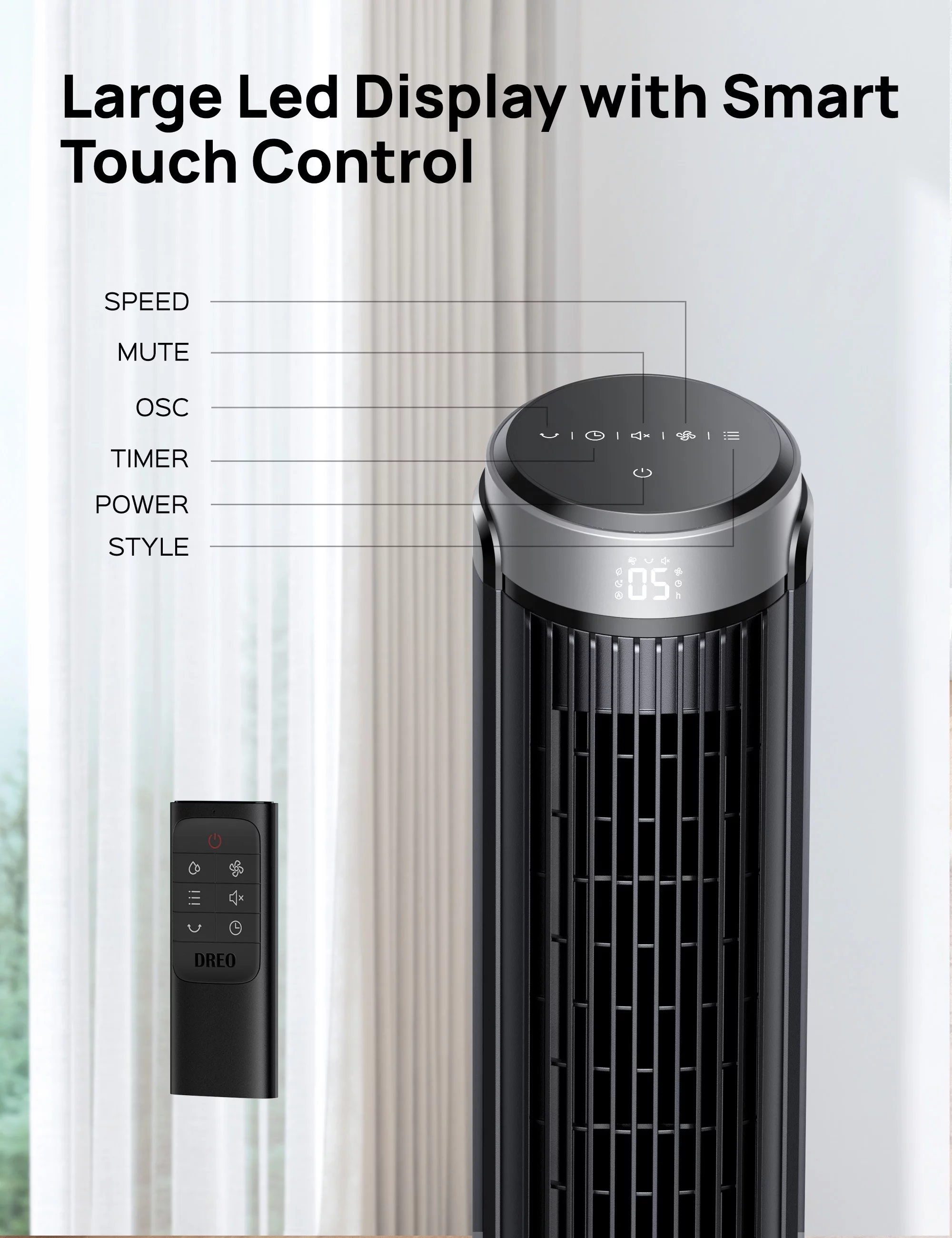Dreo Tower Fan for Home, 90° Oscillating Fan with Remote, 4 Modes, 12H Timer, LED Display with Touch Control, 40 Inch Quiet Floor Fan for Bedroom, Office, Indoor
