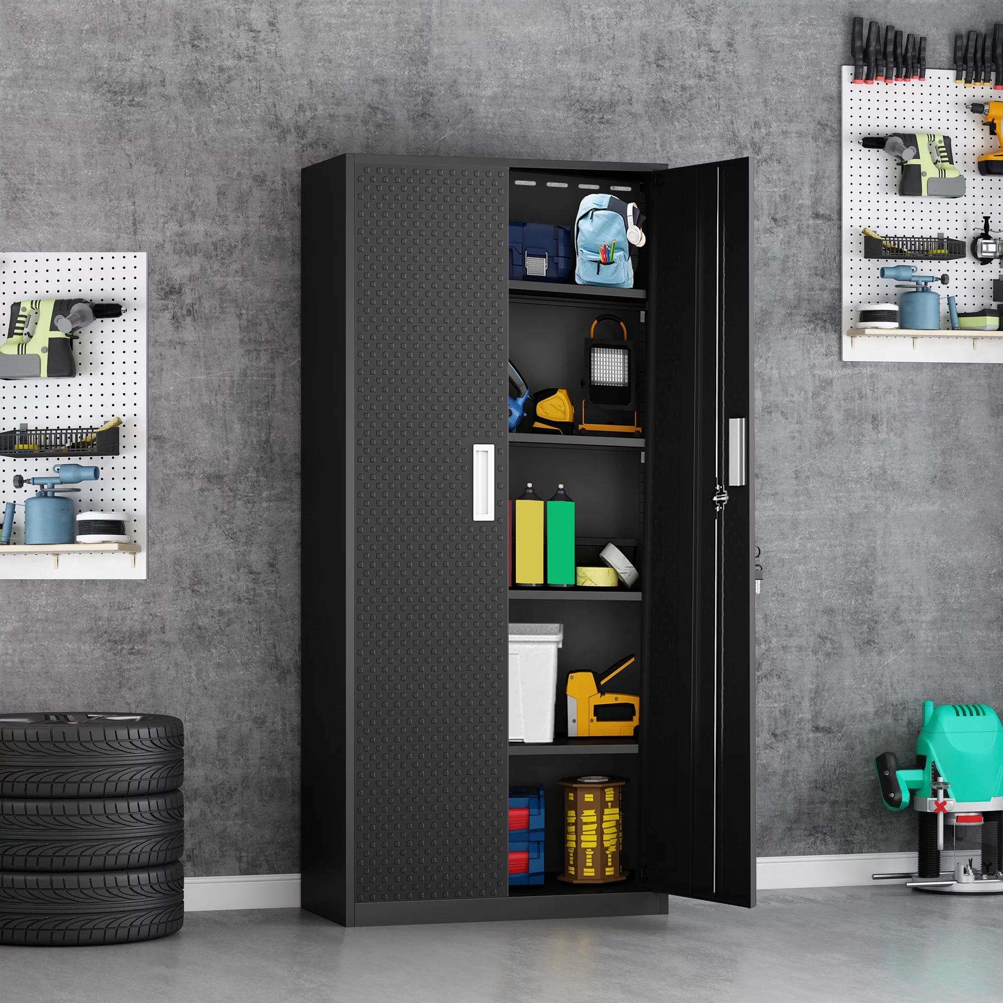 Tall Metal Storage Garage Cabinets with Locking Doors and 4 Adjustable Shelves, Double Handles, Steel Storage Cabinet for Garage, Office, Bedroom,Classroom, Employees,School,GymBlack