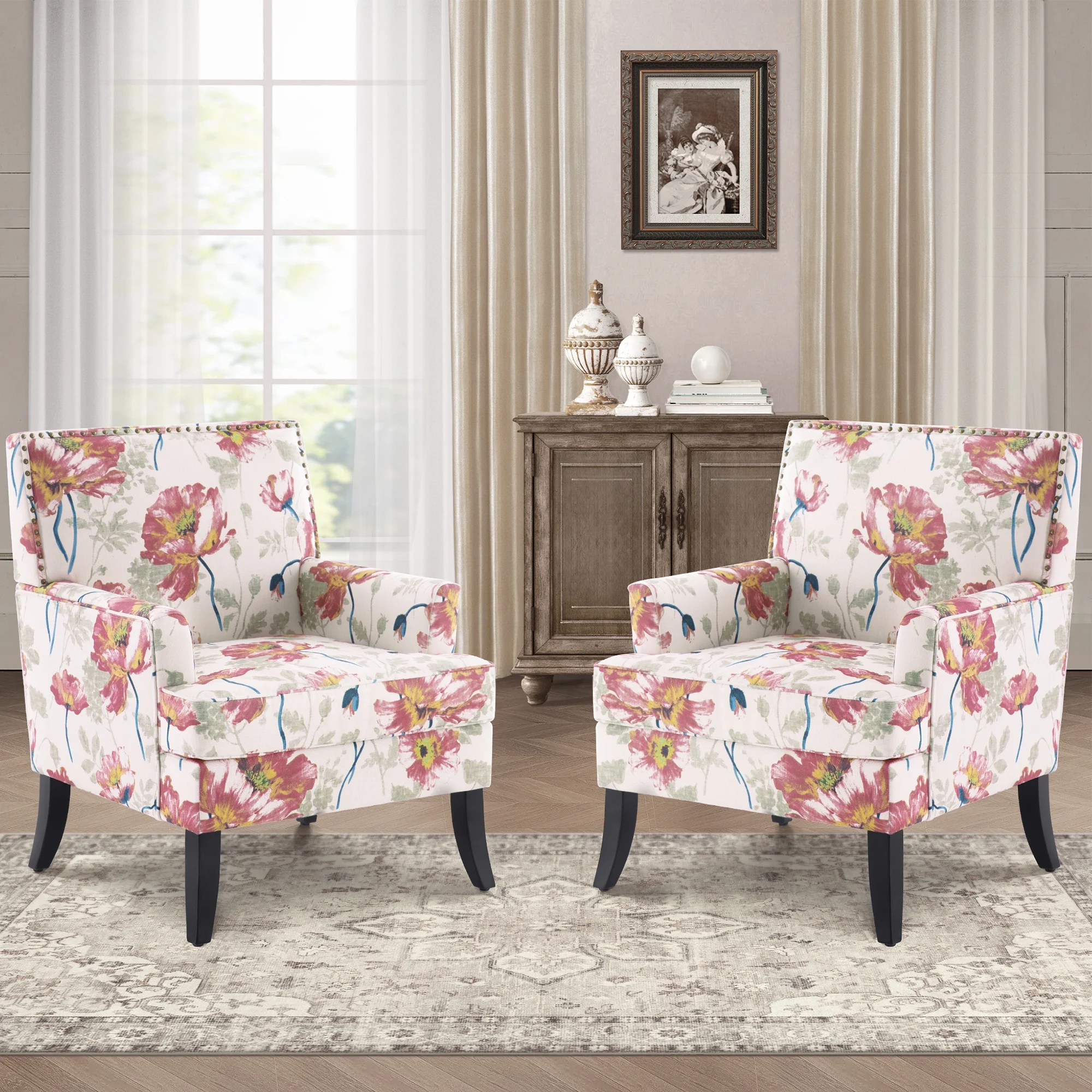 HUIMO Living Room Chair Set of 2, Upholstered Printed Accent Chair with Wooden Legs, Club Armchair with Rivets Holds 300 lbs, Comfy Reading Sofa Chair for Bedroom, Study (Red Floral)