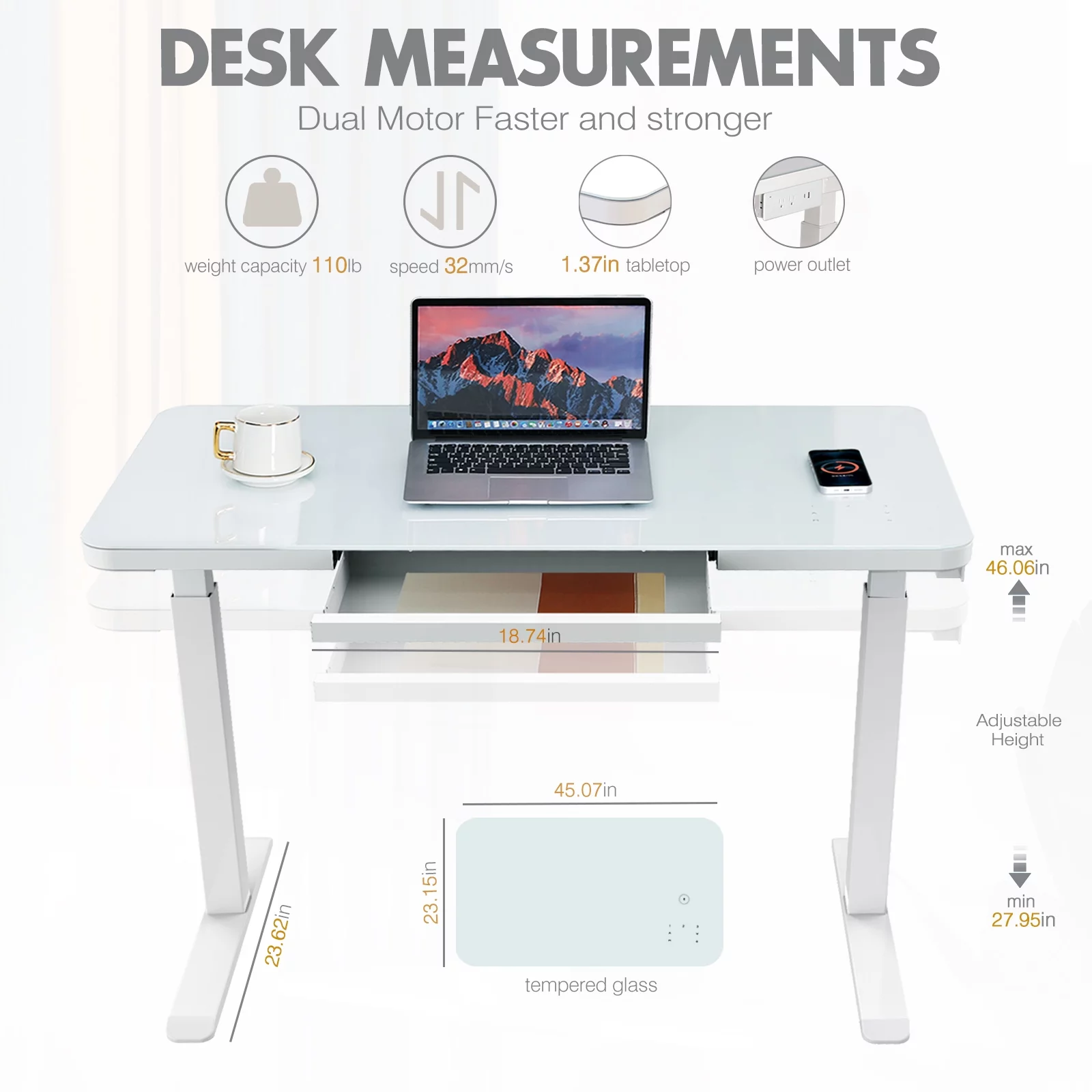 AIMEZO 45 inch White Glass Standing Desk,Height Adjustable Desk for Home Office, with Drawer, Touchscreen Controller, Wireless Charging&Outlets