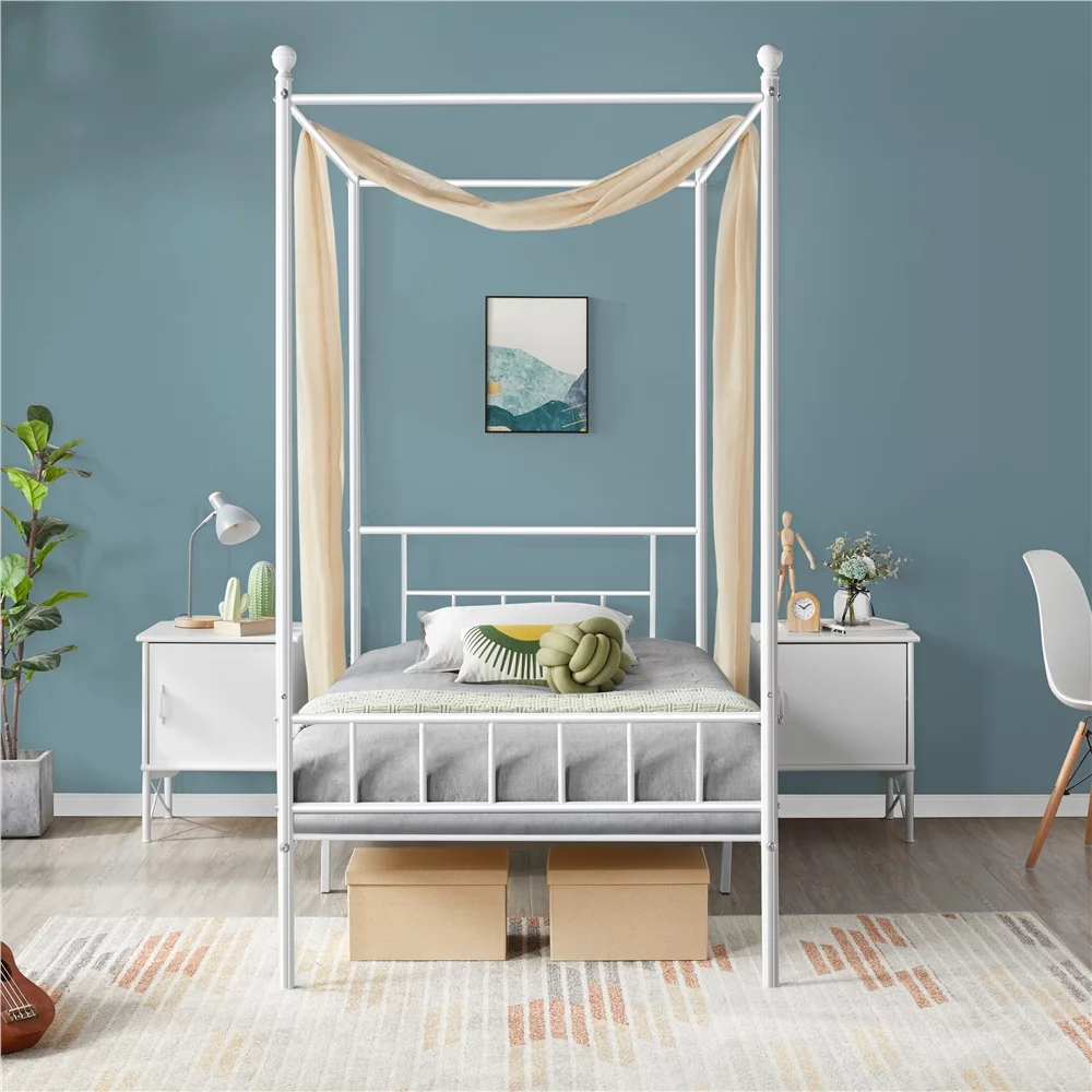 Easyfashion Juno Metal Canopy Bed Frame Four Poster Bed with Headboard and Footboard, White, Twin