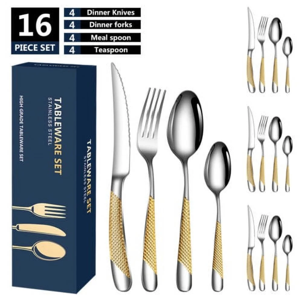 16-Piece Hammered Silver Gold Silverware Set, 304 Golden Plated Stainless Steel Flatware Set,Tableware Set Service for 4, Include Knife/Fork/Spoon, Reusable, Mirror Finish, Dishwasher Safe