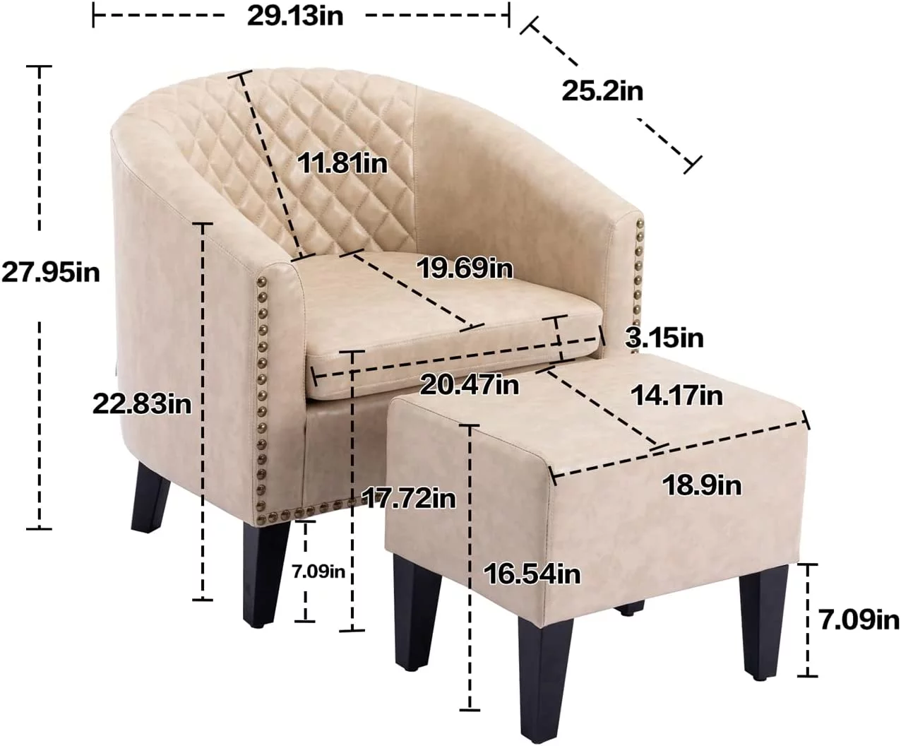 UPYOOE Leather Club Chair with Ottoman,Boucle Chair with Arms,Wood Legs,Accent Barrel Chairs for Lving Room,Dinning Room,Club,Bar,Office (Beige)