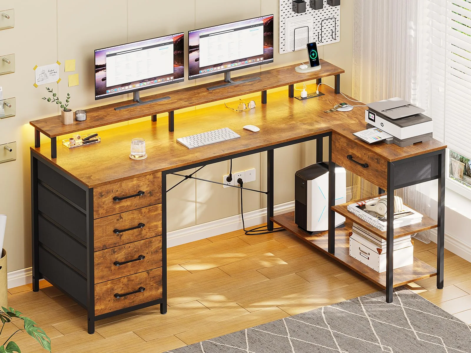 L Shaped Desk with LED Lights and Power Outlets, Computer Desk with 5 Drawers, Rustic Brown