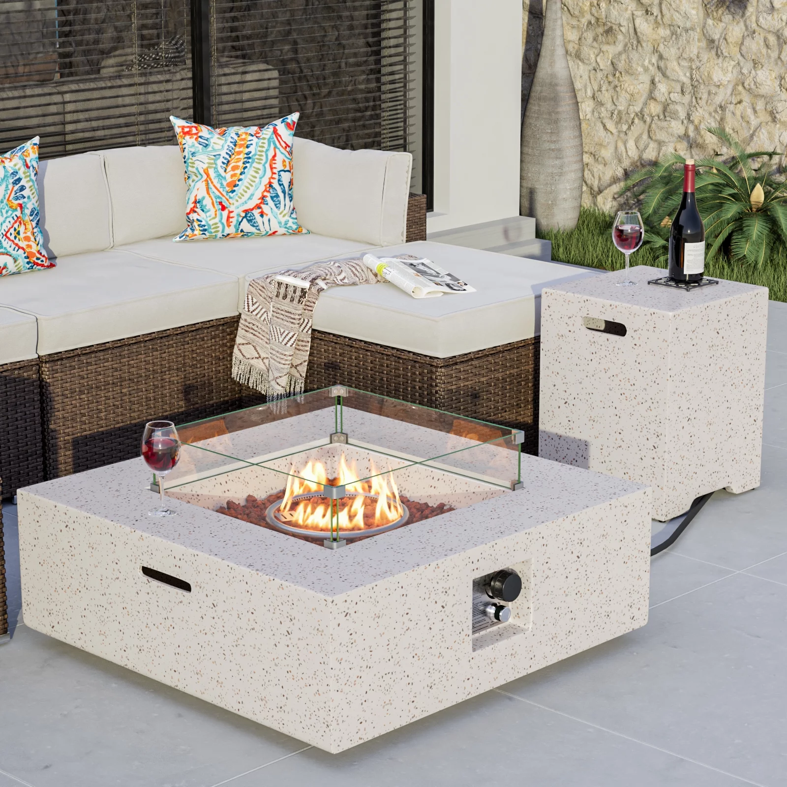 COSIEST 35-inch Square Terrazzo White Outdoor Sandstone Propane Fire Pit w Wind Guard and Side Table