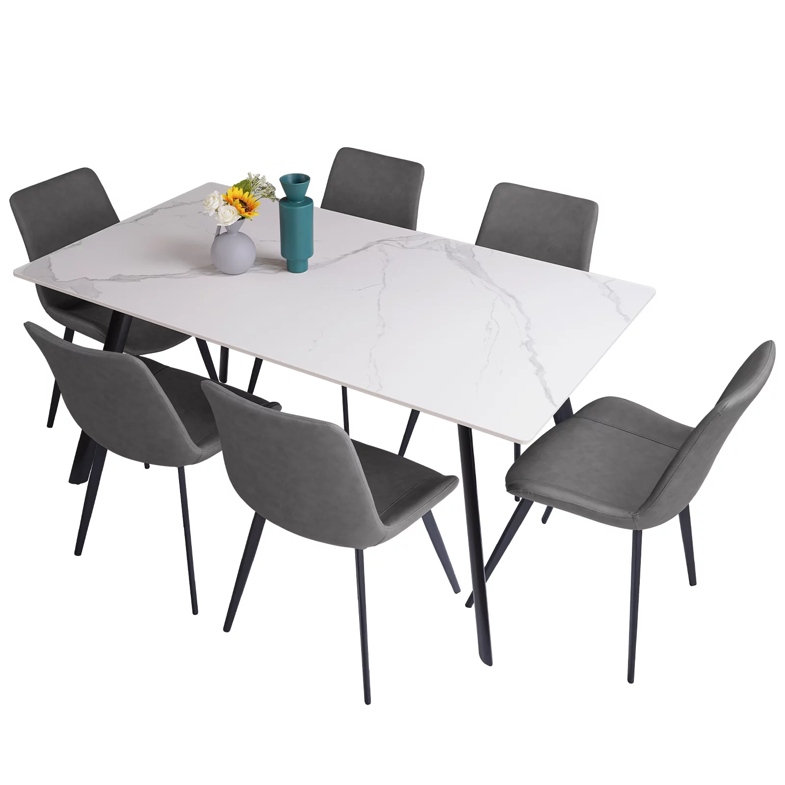 7 Piece Dining Table Sets,Stable Sintered Stone & Leather Modern Dining Chairs Set of 6(1Table with 6 GreyChairs)