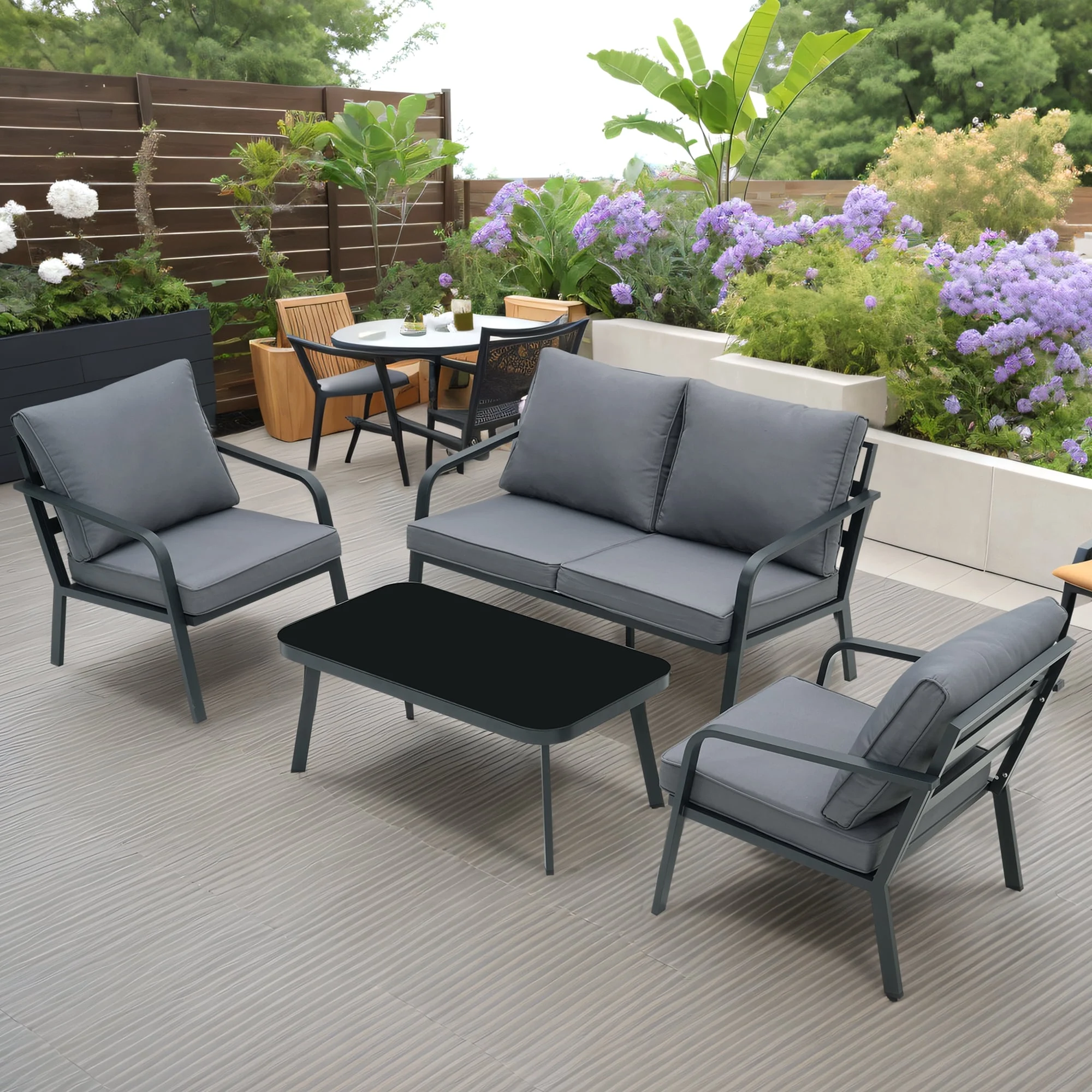 Ainfox Aluminum Patio furniture Set on Clearance, Outdoor Sectional Sofa with Loveseat Single Chairs Coffee Table for 4 Persons, Grey