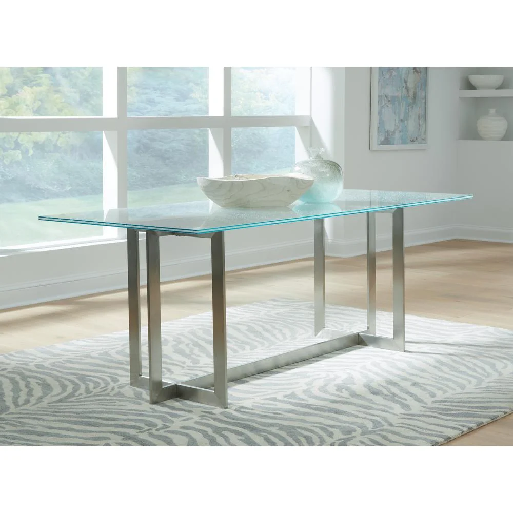 Modus Furniture Eliza Cracked Glass Dining Table in Brushed Stainless Steel
