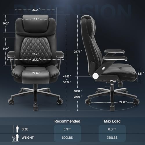 750lbs Big and Tall Office Chair,Heavy Duty Office Chairs,Executive Computer Desk Chair Work Chairs, Thick Padded Strong Metal Base Quiet Wheels, Ergonomic Design for Back Pain