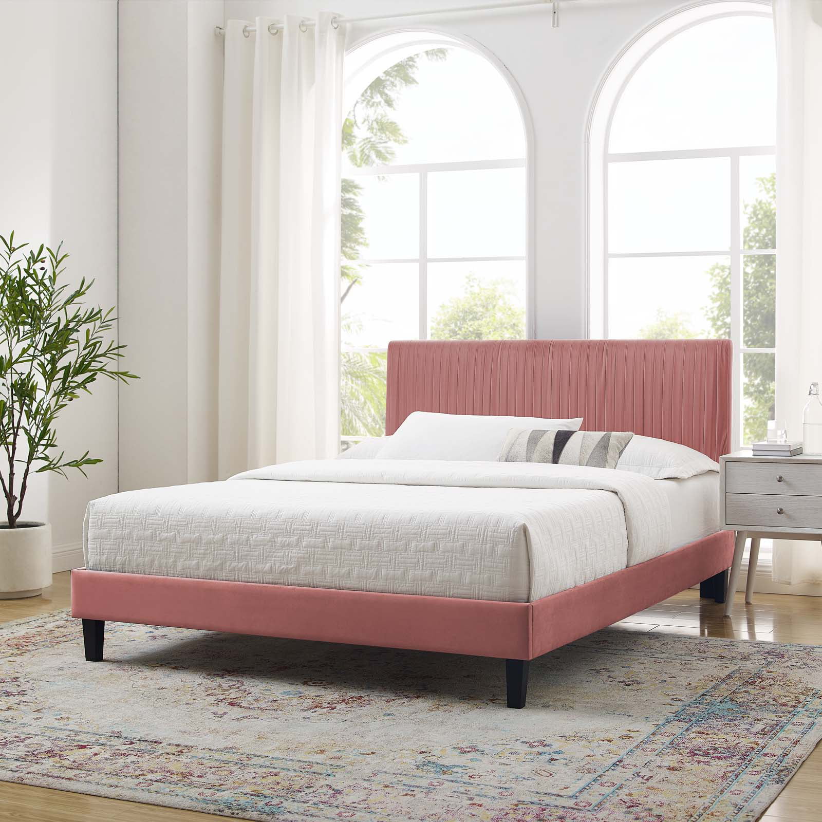Platform Bed Frame, Queen Size, Velvet, Pink, Modern Contemporary Urban Design, Bedroom Master Guest Suite
