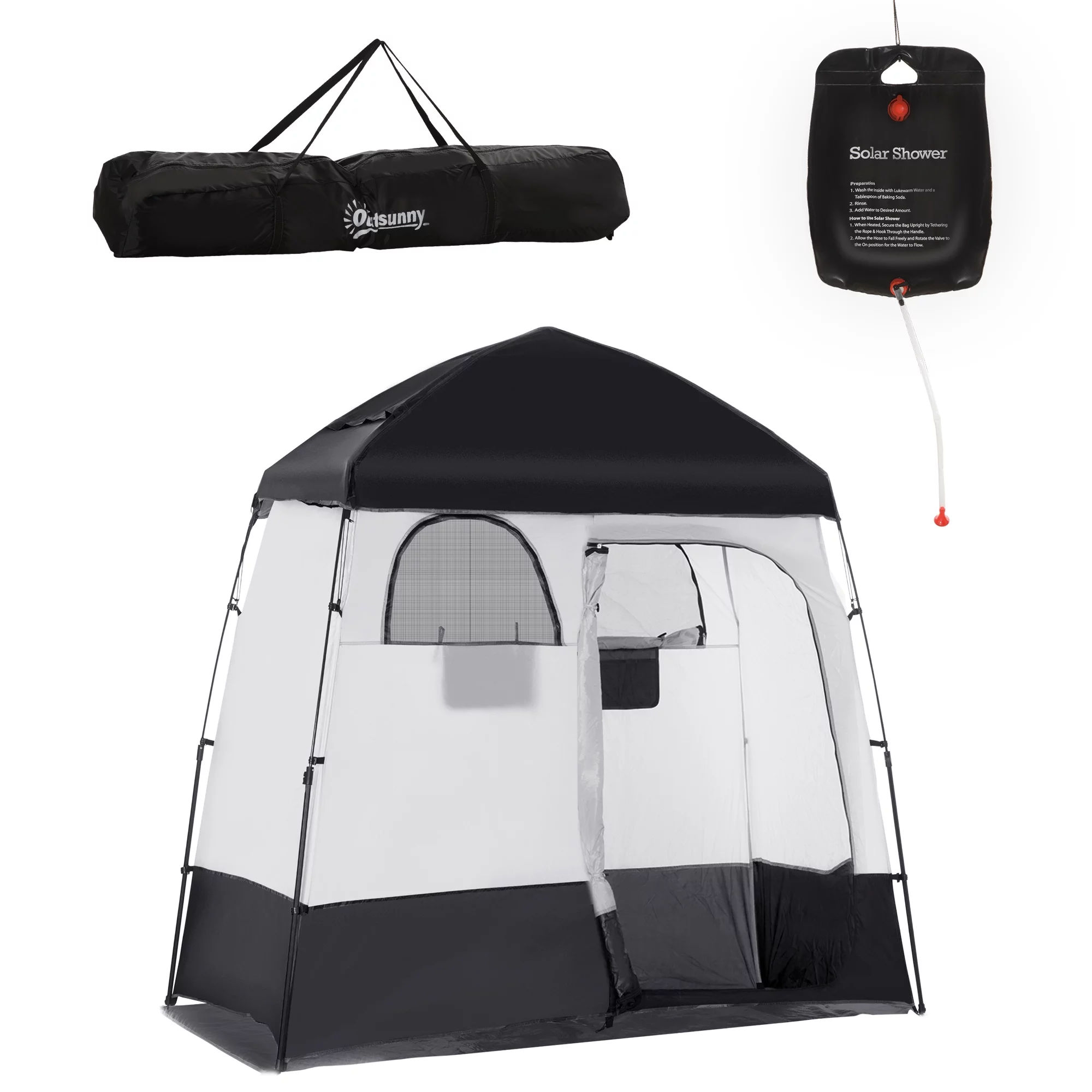 Outsunny Two Room Pop Up Shower Tent w/ Shower Bag, Floor & Carry Bag
