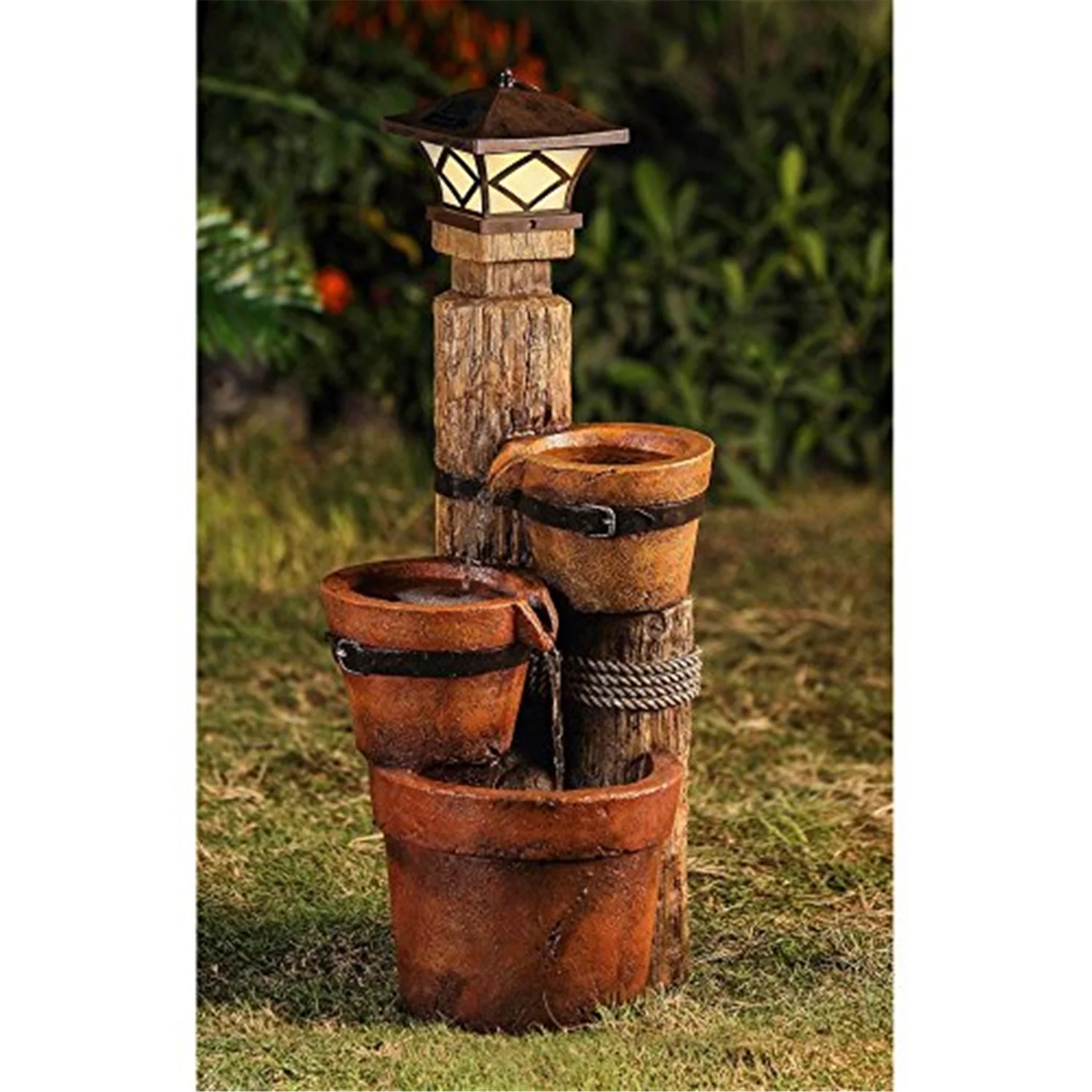 Three Pots With Solar Pillar Lamp Water Fountain