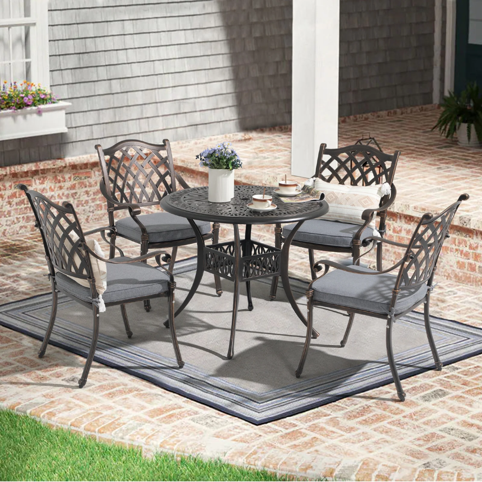 5 Piece Patio Dining Set, Rust-Resistant Cast Aluminum Patio Conversation Set, Outdoor Furniture Patio Table and Cushioned Chairs with Umbrella Hole, Lattice Design Antique Bronze